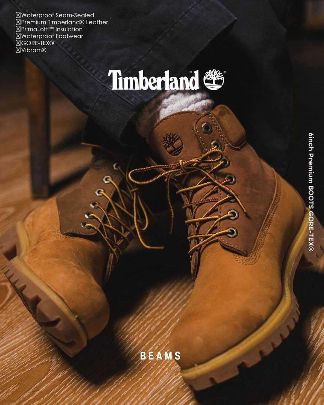 のインスタグラム：「… Timberland × BEAMS 『6inch Premium Boots Vibram GORE-TEX®︎』 12.9（Sat.）Release!!  @timberland @timberland_jpn @beams_mens_casual  誕生から50年を迎えた〈Timberland（ティンバーランド）〉のアイコン『6インチブーツ』を別注。〈BEAMS〉仕様にアップデートしました。  アニバーサリーイヤーの師走を彩る本アイテムは、アッパーに〈BEAMS〉らしいクレイジーなカラーリングのヌバックを採用。象徴的なウィートカラーをベースにトーンを合わせた配色は、ブランドのオリジナルに敬意を払いつつ、上品かつ柔らかな表情に。  また、『ビブラムソール』や『GORE-TEX®︎』を搭載し、タウンからアウトドアまで活躍を期待できる一足となりました。  インソールとストラップにあしらわれた両社のブランドロゴも、別注の特別感を演出しています。 ぜひご期待ください。  販売店舗 ・ビームス 原宿 ・全国の〈BEAMS〉レーベル取扱店舗 ※一部店舗を除く ・ビームス公式オンラインショップ ・ティンバーランド ブティック トウキョウ ※12月15日（金）より販売開始  Locatin_ @kadokawa_culture_museum Styling & Direction_ @kondotomomichi Director of photography_ @yuukioono Drone operator_ @dadakoro Hair styling_ @tatsuyasuzuki_  #timberland #beams #ビームス」