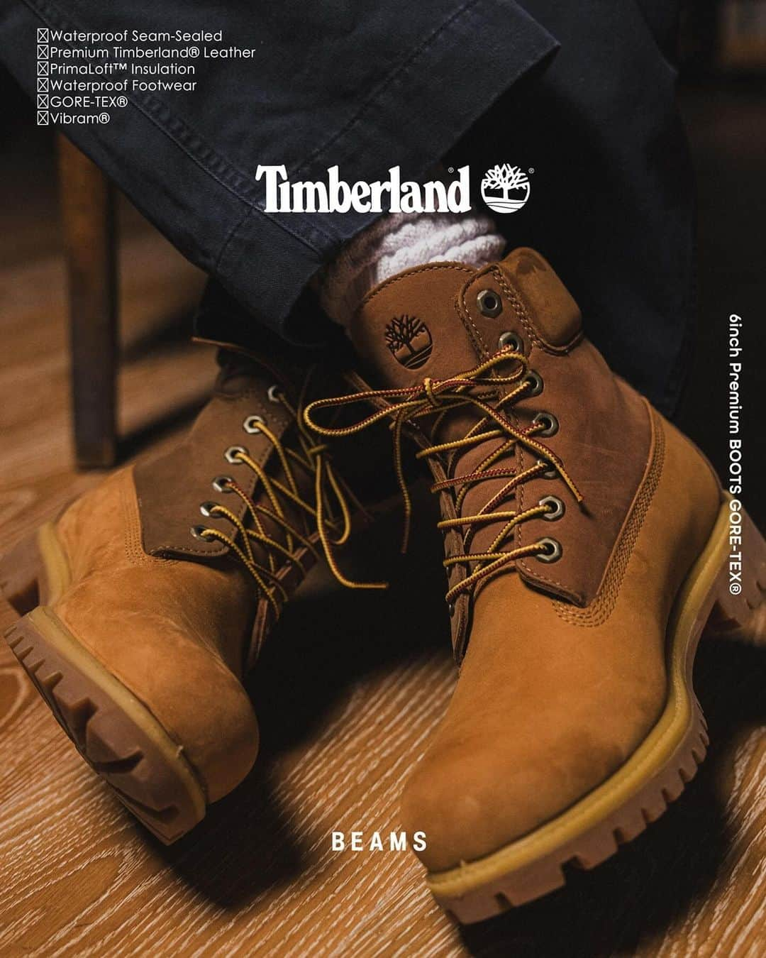 ビームスのインスタグラム：「… Timberland × BEAMS 『6inch Premium Boots Vibram GORE-TEX®︎』 12.9（Sat.）Release!!  @timberland @timberland_jpn @beams_mens_casual  誕生から50年を迎えた〈Timberland（ティンバーランド）〉のアイコン『6インチブーツ』を別注。〈BEAMS〉仕様にアップデートしました。  アニバーサリーイヤーの師走を彩る本アイテムは、アッパーに〈BEAMS〉らしいクレイジーなカラーリングのヌバックを採用。象徴的なウィートカラーをベースにトーンを合わせた配色は、ブランドのオリジナルに敬意を払いつつ、上品かつ柔らかな表情に。  また、『ビブラムソール』や『GORE-TEX®︎』を搭載し、タウンからアウトドアまで活躍を期待できる一足となりました。  インソールとストラップにあしらわれた両社のブランドロゴも、別注の特別感を演出しています。 ぜひご期待ください。  販売店舗 ・ビームス 原宿 ・全国の〈BEAMS〉レーベル取扱店舗 ※一部店舗を除く ・ビームス公式オンラインショップ ・ティンバーランド ブティック トウキョウ ※12月15日（金）より販売開始  Locatin_ @kadokawa_culture_museum Styling & Direction_ @kondotomomichi Director of photography_ @yuukioono Drone operator_ @dadakoro Hair styling_ @tatsuyasuzuki_  #timberland #beams #ビームス」