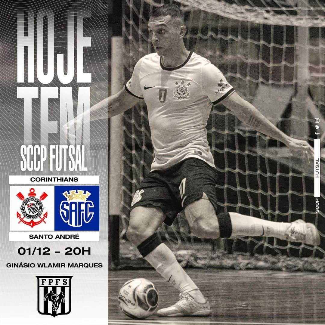 コリンチャンスのインスタグラム：「Hoje tem Timão em quadra buscando a vaga nas finais do Estadual! 🏴🏳️  ⚽ @corinthiansfutsal x Santo André 🏆 Estadual (Semifinal - Jogo de Volta) ⏰ 20h (horário de Brasília) 🏟 Ginásio Wlamir Marques 📺 YouTube ER Sports 🎟 fieltorcedor.com.br (link nos storie).   #CorinthiansFutsal #VaiCorinthians」