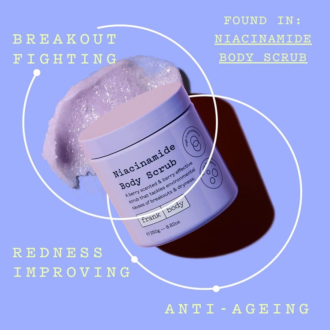 frank bodyさんのインスタグラム写真 - (frank bodyInstagram)「Breakouts? Redness? Irritation? Dullness? Ageing? I've got the ingredient for you. 👋  Niacinamide is a barrier restoring form of vitamin B3 that helps balance the skin, prevent premature signs of ageing, and helps reduce your acne. I call it my show-stopper and pimple-blocker. 🌟🌟」12月1日 14時20分 - frank_bod