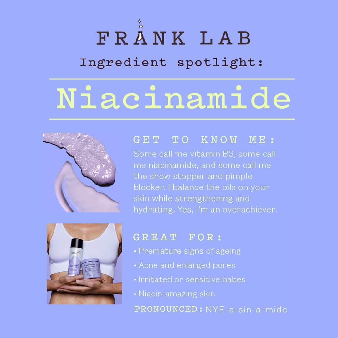 frank bodyのインスタグラム：「Breakouts? Redness? Irritation? Dullness? Ageing? I've got the ingredient for you. 👋  Niacinamide is a barrier restoring form of vitamin B3 that helps balance the skin, prevent premature signs of ageing, and helps reduce your acne. I call it my show-stopper and pimple-blocker. 🌟🌟」