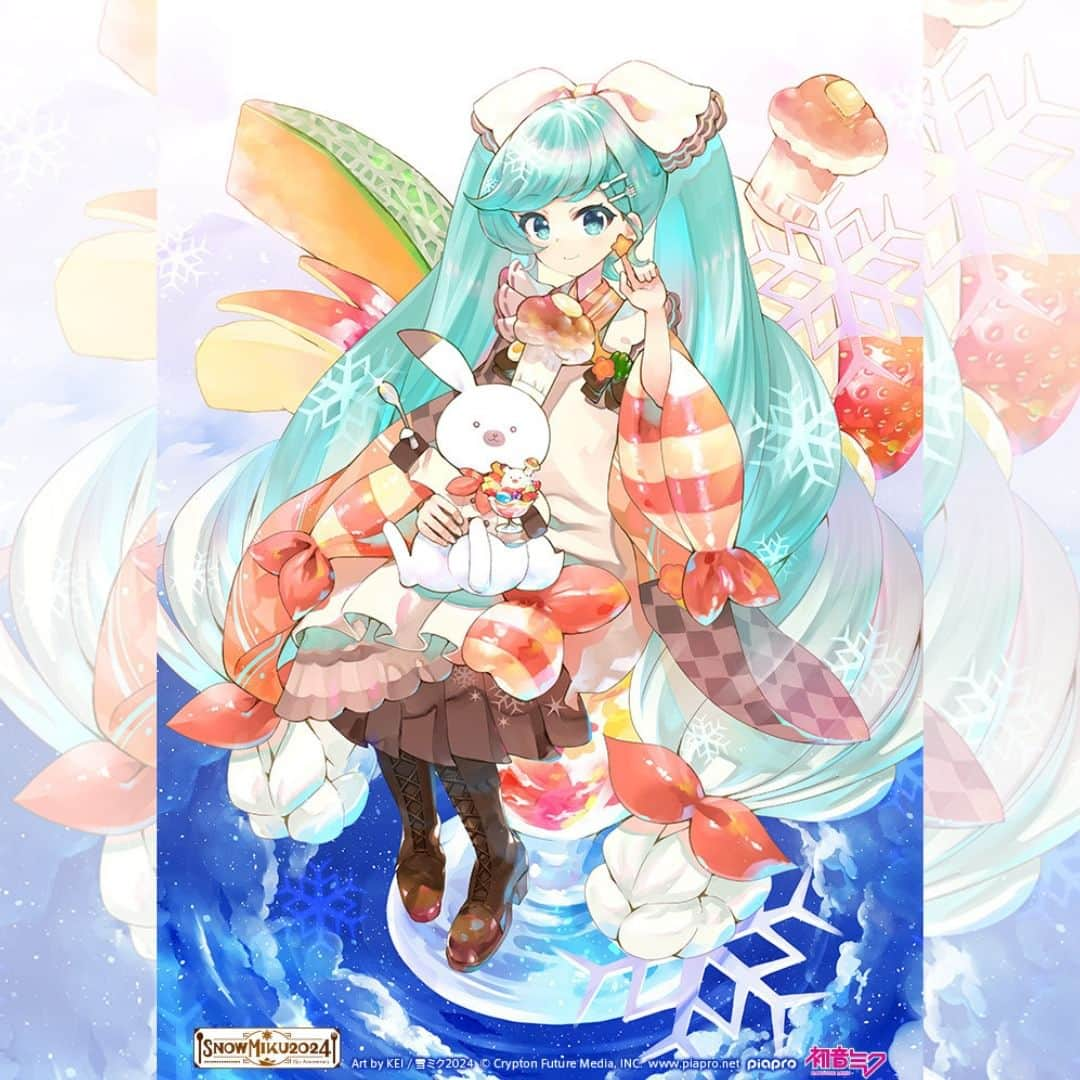 初音ミクのインスタグラム：「【SNOW MIKU 2024】 ビジュアル紹介のお時間です❄️  本日はKEIさん描き下ろしの雪ミクです🍨🍓  パフェグラスにちょこんと座った雪ミクとユキネがとっても可愛い1枚🐰 キラキラで美味しそうです…🤤✨  #雪ミク #雪ミク2024 #ラビットユキネ #初音ミク」