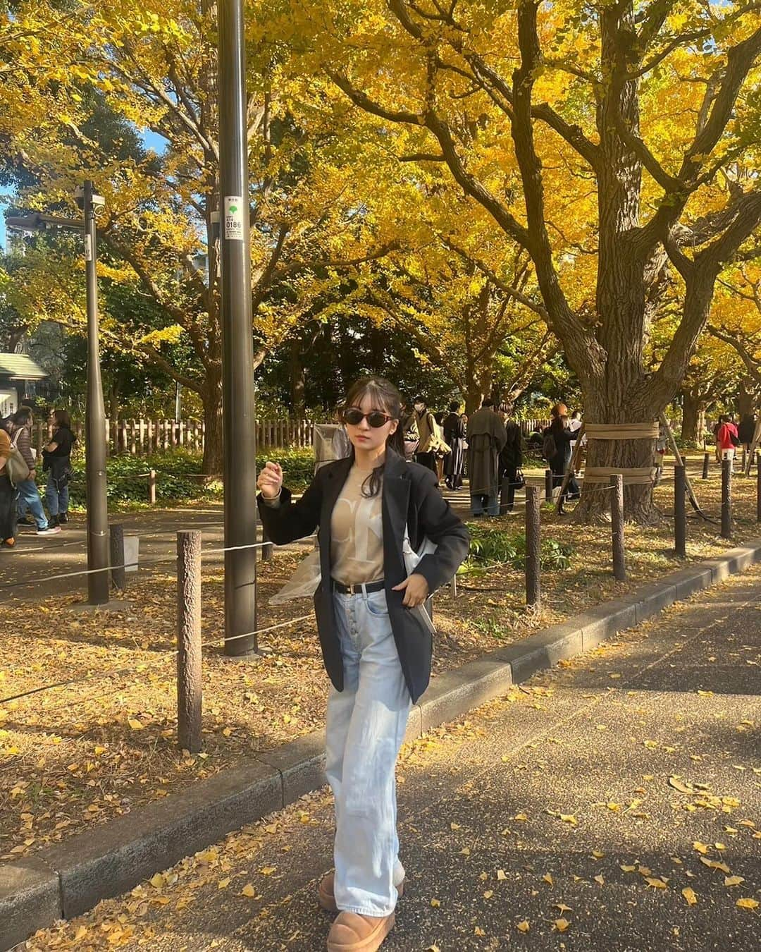 雨宮凜々子のインスタグラム：「今年も紅葉を🍁 👚#calvinklein  🧥#dholic  👖#gap  👞#ugg  🧳#givenchy   多分今週あたりが見頃じゃないかな🧐  #銀杏並木 #紅葉スポット #紅葉 #海外ファッション #秋コーデ #ootd #fashion #오오티디 #일본 #도쿄 #japan #tokyo #패션그램 #코디 #팔로우 #좋아요그램 #ff #패션모델」