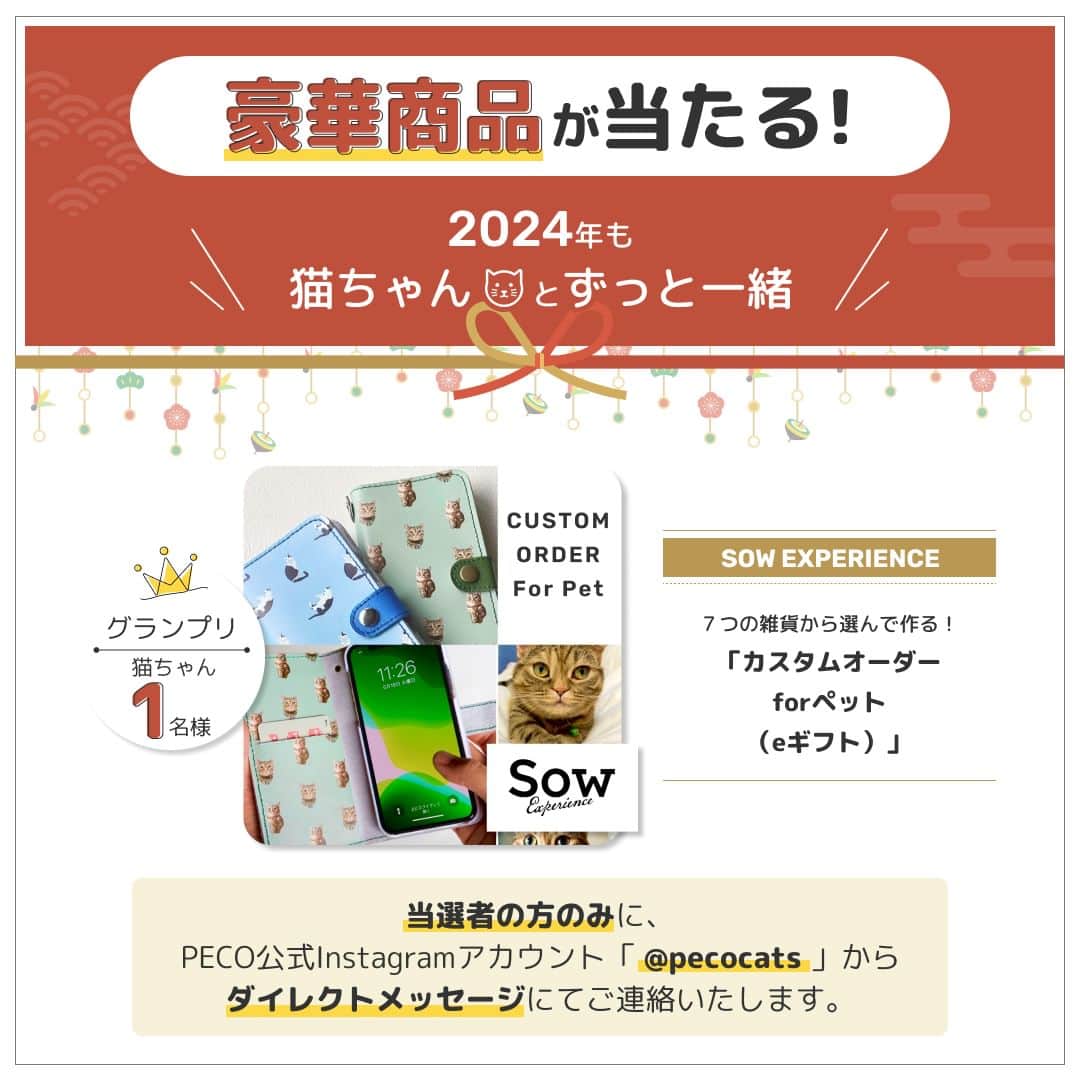 PECOねこ部さんのインスタグラム写真 - (PECOねこ部Instagram)「【フォロー＆コメントで豪華賞品が当たる❗️】2024「新年の抱負」を大募集🎍❗️ . ペットライン公式Instagram @petline_cats と @petline_dogs にて、猫ちゃん・わんちゃんと叶えたい🙏2024年「新年の抱負」を大募集いたします✨ ペットラインの公式Instagramのフォロー＆ペットラインの公式Instagramのキャンペーン投稿に「新年の抱負」🎍をコメントして豪華賞品を当てよう🎁 . ＜キャンペーン概要＞ ■応募期間 2023年12月1日（金）〜12月31日（日） . ■応募方法は簡単❗️ ①ペットライン公式Instagram @petline_cats をフォロー ②ペットラインの公式Instagramのキャンペーン投稿に、猫ちゃん🐈と叶えたい「新年の抱負」をコメント💬 （⚠️本アカウント（pecocats）のフォロー、本投稿にコメントではないので、間違えないようお気をつけください💡） . ■賞品 グランプリ 　⭐️SOW EXPERIENCE「カスタムオーダー for ペット（eギフト）」😺1名様⭐️ . お気に入りの猫ちゃんの写真を使って、かわいいドット柄のオリジナルアイテムが作れるギフト🐕 牛革がま口ポーチ／スマホケース／クッション／牛革ブックカバー／牛革キーケース／エプロン／キッチンミトンの中からお好きなアイテムを１つお選びいただけます❗️また下地のお色も選ぶことができます❗️ . ※ご当選者の方にはeギフトのURLをお送りいたしますので、ご自身でお好みのアイテムをご注文ください . 準グランプリ 　⭐️FUJIFILIM Prints&Gifts「フォトカレンダー COYOMI 日めくり万年タイプ」😺5名様⭐️ . おしゃれなスクエア型のリング製本タイプ🗓️月表示のない31枚の日替わりタイプで、毎日ちがう猫ちゃんの写真が１年中楽しめます🖼️写真はキレイで高画質な銀塩写真仕上げ✨ . ※ご当選者の方にはクーポンコードをお送りいたしますので、ご自身でご注文ください . ■プレゼント当選について 当選者の方のみに、PECO公式Instagramアカウント「 @pecocats 」または「 @pecodogs 」からダイレクトメッセージにてご連絡いたします。あらかじめ、受信設定のご確認をお願いいたします。 . ■応募規約については、こちらをチェック🔍 https://peco-japan.com/89052 たくさんのご応募、お待ちしております🐾 . 💡わんちゃんと叶えたい「新年の抱負」も募集中❣️詳しくは @petline_dogs をチェックしてくださいね👀 . [PR:ペットライン株式会社］ . #ペットラインねこ部 #ペットライン #新年の抱負 #キャンペーン #PECO」12月1日 17時00分 - pecocats