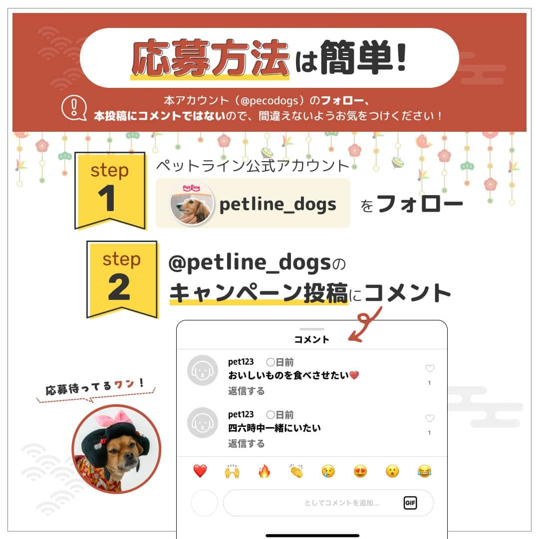 PECO いぬ部さんのインスタグラム写真 - (PECO いぬ部Instagram)「【フォロー＆コメントで豪華賞品が当たる❗️】2024年「新年の抱負」を大募集🎍❗️ . ペットライン公式Instagram @petline_dogs と @petline_cats にて、わんちゃん・猫ちゃんと叶えたい🙏2024年「新年の抱負」を大募集いたします✨ ペットラインの公式Instagramのフォロー＆ペットラインの公式Instagramのキャンペーン投稿に「新年の抱負」🎍をコメントして豪華賞品を当てよう🎁 . ＜キャンペーン概要＞ ■応募期間 2023年12月1日（金）〜12月31日（日） . ■応募方法は簡単❗️ ①ペットライン公式Instagram @petline_dogs をフォロー ②ペットラインの公式Instagramのキャンペーン投稿に、わんちゃん🐕と叶えたい「新年の抱負」をコメント💬 （⚠️本アカウント（pecodogs）のフォロー、本投稿にコメントではないので、間違えないようお気をつけください💡） . ■賞品 グランプリ 　⭐️SOW EXPERIENCE「カスタムオーダー for ペット（eギフト）」🐶1名様⭐️ . お気に入りのわんちゃんの写真を使って、かわいいドット柄のオリジナルアイテムが作れるギフト🐕 牛革がま口ポーチ／スマホケース／クッション／牛革ブックカバー／牛革キーケース／エプロン／キッチンミトンの中からお好きなアイテムを１つお選びいただけます❗️また下地のお色も選ぶことができます❗️ . ※ご当選者の方にはeギフトのURLをお送りいたしますので、ご自身でお好みのアイテムをご注文ください . 準グランプリ 　⭐️FUJIFILIM Prints&Gifts「フォトカレンダー COYOMI 日めくり万年タイプ」🐶5名様⭐️ . おしゃれなスクエア型のリング製本タイプ🗓️月表示のない31枚の日替わりタイプで、毎日ちがうわんちゃんの写真が１年中楽しめます🖼️写真はキレイで高画質な銀塩写真仕上げ✨ . ※ご当選者の方にはクーポンコードをお送りいたしますので、ご自身でご注文ください . ■プレゼント当選について 当選者の方のみに、PECO公式Instagramアカウント「 @pecodogs 」または「 @pecocats 」からダイレクトメッセージにてご連絡いたします。あらかじめ、受信設定のご確認をお願いいたします。 . ■応募規約については、こちらをチェック🔍 https://peco-japan.com/89052 たくさんのご応募、お待ちしております🐾 . 💡猫ちゃんと叶えたい「新年の抱負」も募集中❣️詳しくは @petline_cats をチェックしてくださいね👀  [PR:ペットライン株式会社］  #ペットラインいぬ部 #ペットライン #新年の抱負 #キャンペーン #PECO」12月1日 17時00分 - pecodogs