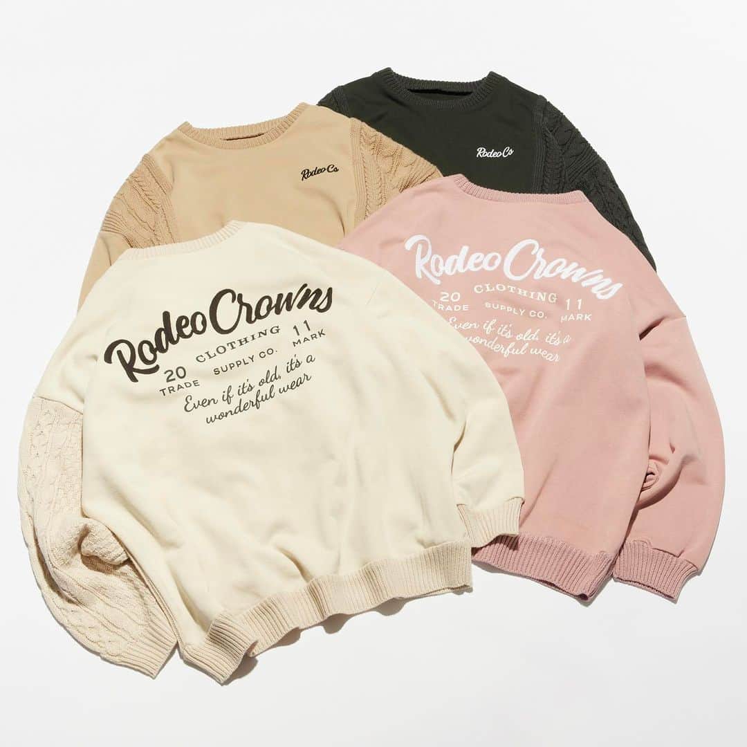 のインスタグラム：「#RCWB#RODEOCROWNS NEW ARRIVAL ▶12/6(WED) 発売スタート ━━━━━━━━━━━━━━━━━━━━━━ スウェットとニット素材をドッキングしたトップス。 程よいサイズ感で、ケーブル編みとスウェットの 凸凹感が楽しめるカジュアルなアイテムです。 キッズサイズもご用意しています♪  RCWスウェットコンビニットトップス (420GAS70-037M) IVOY_BEG_D/PNK_C/GRY SIZE：F ￥6,600(税込)  キッズ RCWスウェットコンビニットトップス (422GAS70-130M) IVOY_D/PNK_C/GRY SIZE：1_2 ￥5,280(税込)  ━━━━━━━━━━━━━━━━━━━━━━ #RODEOCROWNSWIDEBOWL」