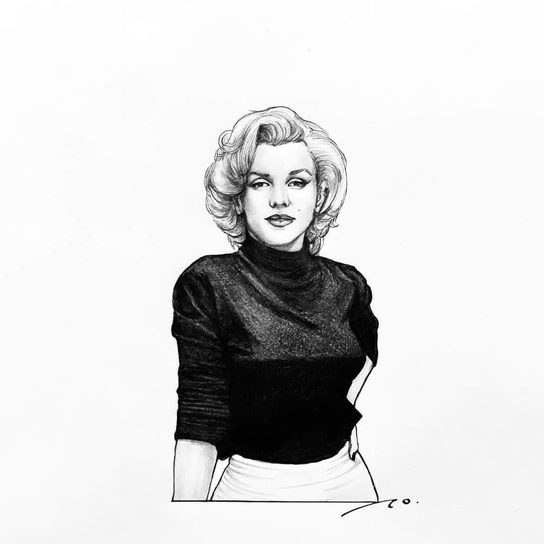 逢坂庵のインスタグラム：「23sketch1202 ・ ・ #cinema #movieillustration #moviesketch #marilynmonroe #normajeane #blonde #blondebombshell #somelikeithot #thesevenyearitch #portraitsketch #映画ノート #鉛筆画 #女優 #moviestar #人物素描 #モノクロイラスト #イラストグラム #マリリンモンロー #ノーマジーン #七年目の浮気 #お熱いのがお好き #映画好きな人と繋がりたい #anadearmas」