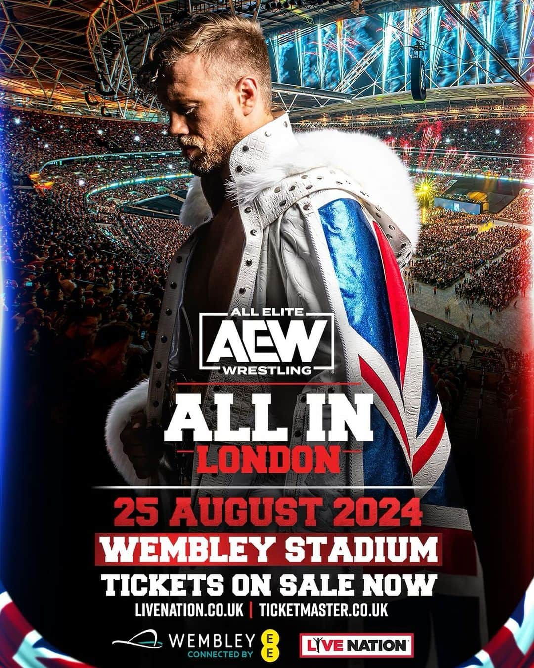 ウィル・オスプレイのインスタグラム：「General sale tickets are on sale now for @AEW #AllIn on 25th August 2024!  Last year I was a guest, this year I’m All Elite bruv, can’t wait to see you all there. Click the link down below to purchase your tickets⬇️  livenation.co.uk/artist-all-eli…」