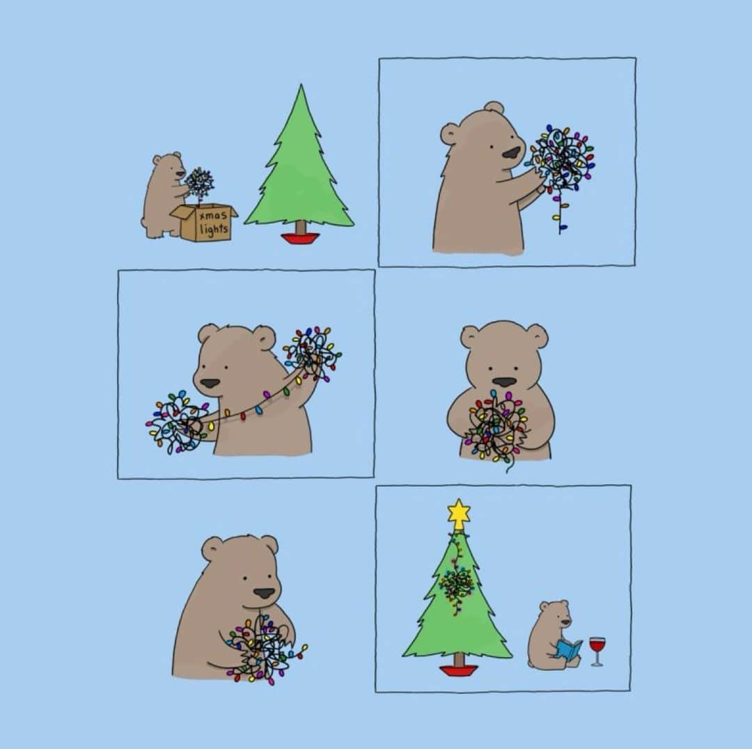 リズ・クライモのインスタグラム：「Cozy Holiday Bear decides to hang festive lights on the Christmas tree. Festive lights are tangled. Cozy Holiday Bear ditches festive lights and has a glass of wine instead. Be more like Cozy Holiday Bear. 🍷🎄  Design by @lizclimo on Threadless.」
