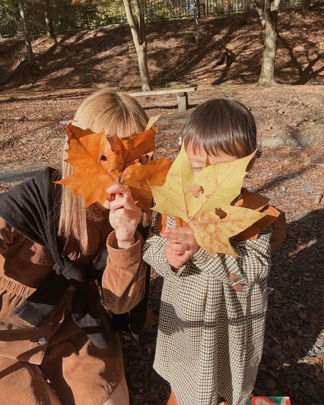 AYAのインスタグラム：「_ ピクニックして落ち葉でいっぱい遊んだ日🍂 いつも紅葉が綺麗なここは まさかの今年は早めに散ってて枯れ葉（笑）  けどまぁ、楽しかったから🙆🏽  2人で綺麗な葉っぱ集めよな！って言って 枯れてない葉っぱを集めて お店屋さんごっこしてました🐈  詩珠のいらっしゃいませー！の声で 🐶のお散歩してる人も笑ってはった（笑）  帰り際に多分大学生ぐらいの 可愛いカップルが写真撮ってくれはって しかも彼氏さんの方が自分の📱でも撮って ダブルでくれはって、、もうおばば感激よ←  可愛いくてお洒落な親子やなって ずっと見てたんですって お世辞でも嬉しいし良い子すぎひん？🥲  嬉しかったな〜〜ほんまに！！！  そんな写真が3.4枚目です🐿️  1枚目はセルフで撮ったけどお気に入り 🍂葉っぱおばけ👻でばぁあ〜〜  #詩珠diary」