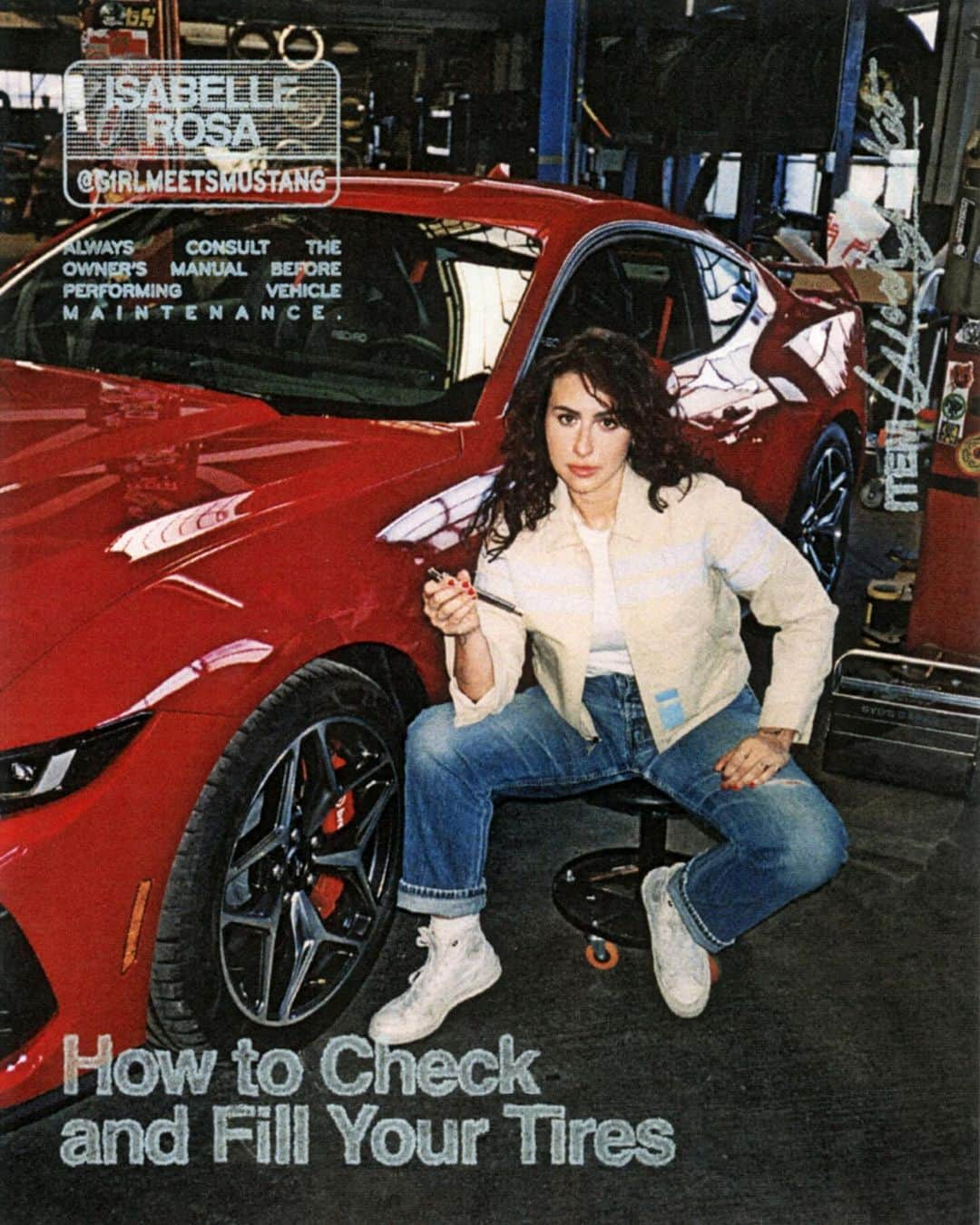 Fordのインスタグラム：「How to check and fill your tires, demonstrated by @girlmeetsmustang and @lalafox92 on a 2024 @fordmustang. Shop the jacket and T-shirt, made in partnership with @sydney_sweeney and @dickies, now.  Disclaimer: See your owner’s manual for detailed information. Some current models, trims, and features may not be available or may be subject to change. Limited supply of merchandise available.」