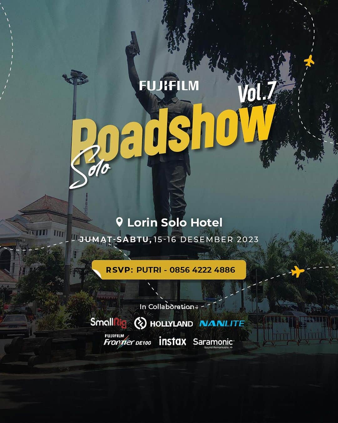 FUJIFILM INDONESIAのインスタグラム：「Halo Wong Solo! Ada acara seru nih dari Fujifilm Indonesia untuk kamu fotografer, videografer bahkan content creator, kalian wajib datang.  Fujifilm Indonesia mengundang kamu semua bergabung dengan Fujifilm Roadshow Vol. 7 Solo, karena selain kamu akan mendapatkan pengetahuan baru seputar fotografi dan videografi, kamu juga berkesempatan belajar tentang bagaimana caranya agar banjir followers dan mendapatkan client dari Instagram.  Speakers: @Faim_achmad @panjulisme @sazhabusha @victoriawong68  Jadi, catat tanggal dan lokasinya di kalender kamu ya:   Day 1 : Jum’at 15 Desember 2023 📣 How to be SOLOist Videographer With Faim Achmad ⏰ 09:00-11:00 📣Traditional Modern Couple Portrait with Panjulisme ⏰ 13.30-17:00 📍Lorin Solo Hotel HTM : 50K  Day 2 : Sabtu 16 Desember 2023 📣 Creating mood in Food Photography through lighting set up with Sazhabusha ⏰ 09:30-12:00 📣 Rahasia Algoritma IG: Banjir Followers & Client dari Instagram with Victoriawong68 ⏰ 13:00-14:00 📍Lorin Solo Hotel HTM 100K  Regisrtasi sekarang untuk mendapatkan seatnya! Peserta terbatas!!  In Collaboration with @smallrig_idn @hollylandtech_id @nanlite_indonesia @instaxindonesia @saramonic_id   RSVP: 0856-42224-886 (Putri)」