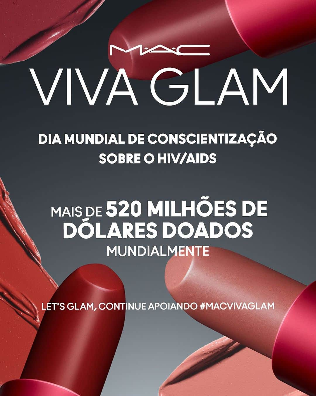 M·A·C Cosmetics BRのインスタグラム：「Hoje é o dia mundial de conscientização sobre o HIV/AIDS, e você sabia que o batom M•A•C VIVA GLAM faz parte dessa causa? A linha foi criada em 1994, tendo 100% do seu valor de compra doado para organizações locais, mundialmente, que apoiam mulheres, meninas, a comunidade LGBTQIA+ e pessoas vivendo com ou afetadas pelo HIV/AIDS 💄❤️‍🩹.  Até hoje, já são mais de 520 milhões de dólares doados, então te convidados:  Let’s Glam, continue apoiando #MACVIVAGLAM  #WorldAIDSDay #MACCares」