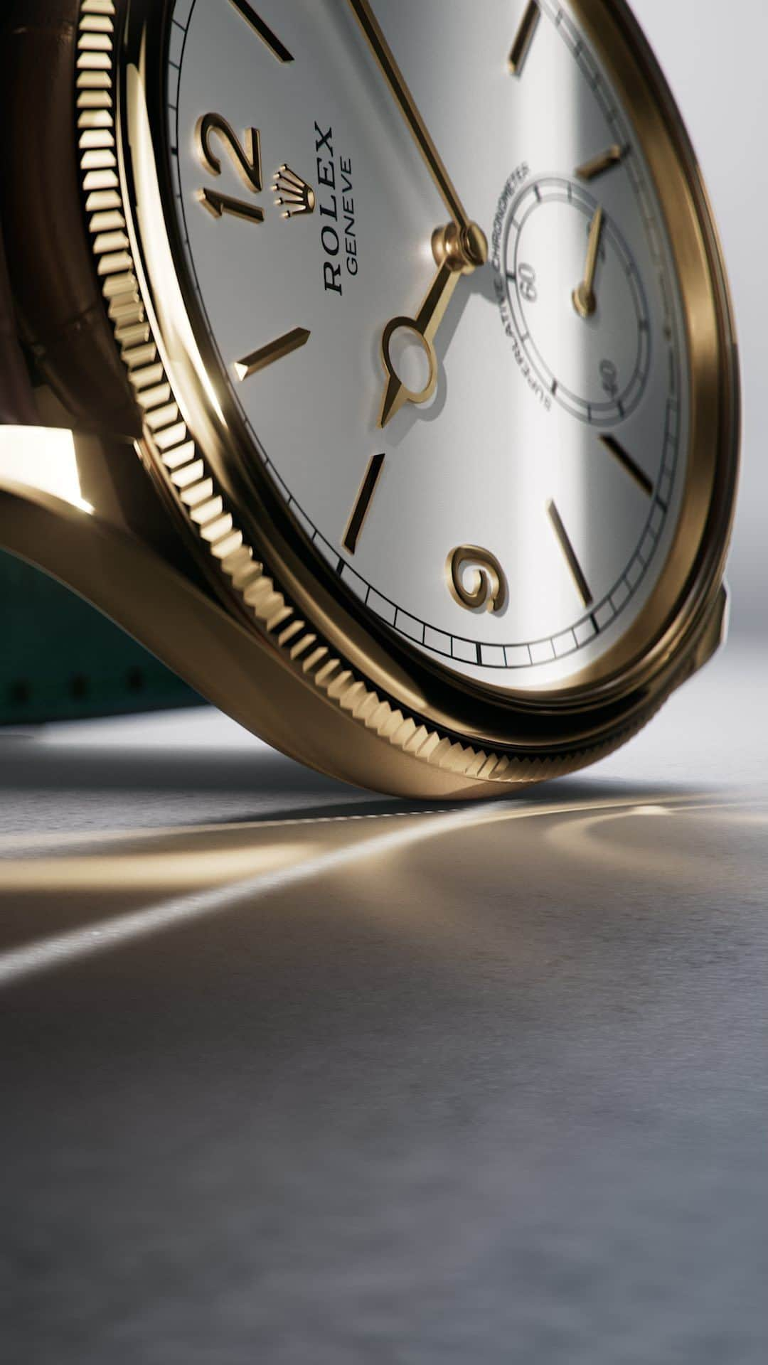 rolexのインスタグラム：「The elegant and understated 1908 features a slim case crowned with a bezel that is part domed and part finely fluted. In 18ct gold, the case features a transparent back that allows the movement’s technical sophistication and decoration to be admired. The intense white dial is graced with Arabic numerals 3, 9 and 12 and faceted index hour markers. The hour hand is characterized by a circle just before its tip, while the minute hand is shaped like a two-edged sword. Celebrating the art of watchmaking in its noblest form. #Rolex #Perpetual1908 #Perpetual」