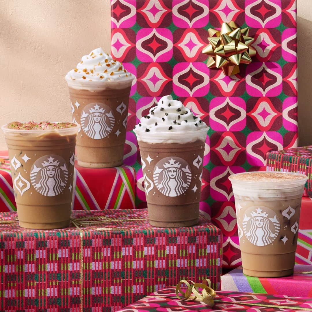 Starbucksのインスタグラム：「Any day is an iced coffee day. ❄️ Caramel Brulée Frappuccino® drink, Iced Gingerbread Oatmilk Chai, Iced Sugar Cookie Almondmilk Latte and Peppermint Mocha Frappuccino® drink」