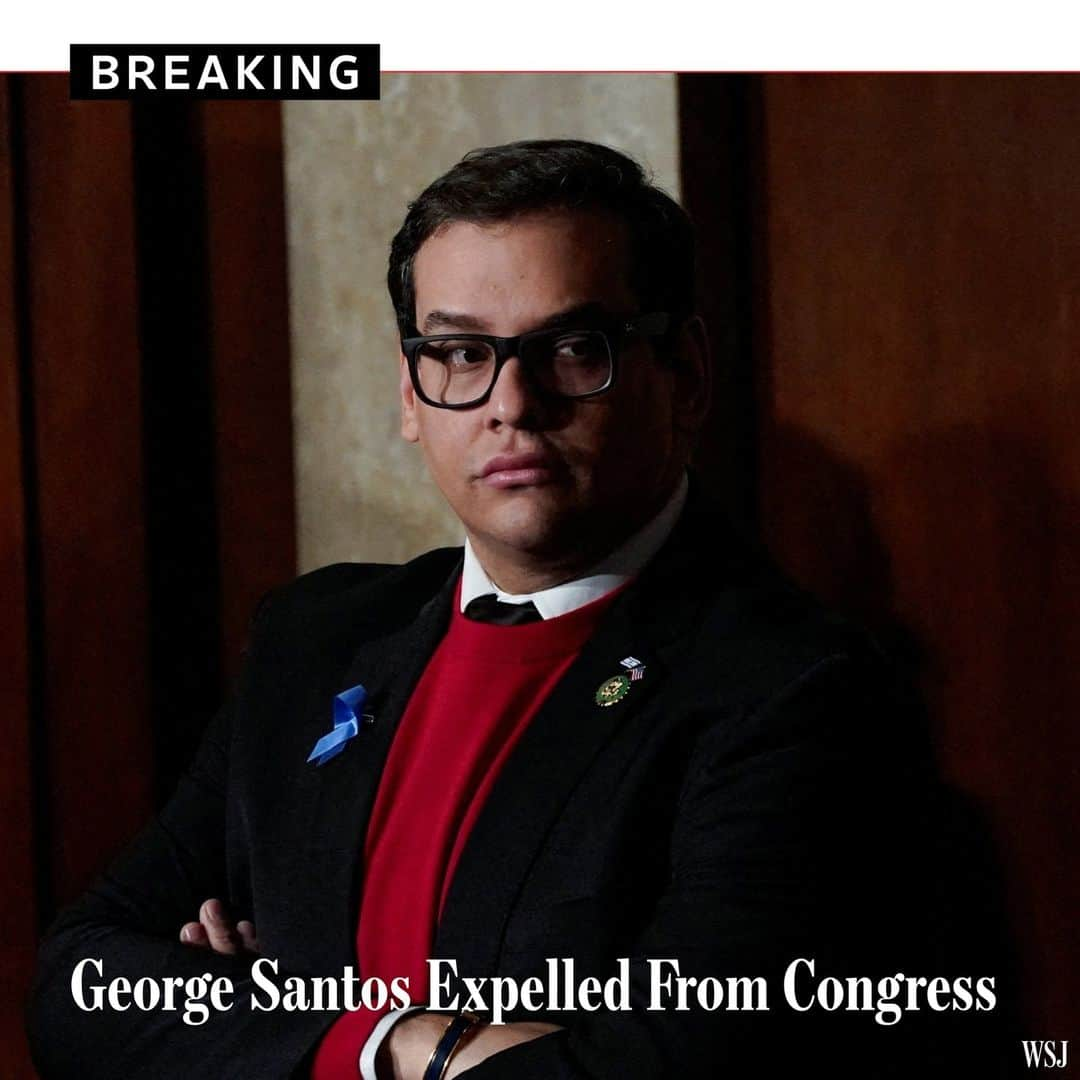 Wall Street Journalさんのインスタグラム写真 - (Wall Street JournalInstagram)「The House voted Friday to expel embattled Rep. George Santos over allegations the New York Republican stole money from his own campaign and committed other misdeeds, in only the third expulsion from the chamber since the Civil War.⁠ ⁠ The vote was 311 to 114, just slightly more than the two-thirds House supermajority required to remove a member.⁠ ⁠ The vote marks the culmination of a saga that started shortly after Santos was elected to office in 2022, when a New York Times report detailed that he had lied about his work history, educational achievements and family background, prompting deeper scrutiny of his campaign funds and financial dealings.⁠ ⁠ New York federal prosecutors subsequently charged Santos with an array of crimes, including for allegedly scamming political donors, lying to the Federal Election Commission and illegally receiving unemployment-insurance benefits. He pleaded not guilty to a 23-count superseding indictment. He is scheduled to go on trial in September.⁠ ⁠ Read more at the link in our bio.⁠ ⁠ Photo: Elizabeth Frantz/Reuters」12月2日 1時17分 - wsj