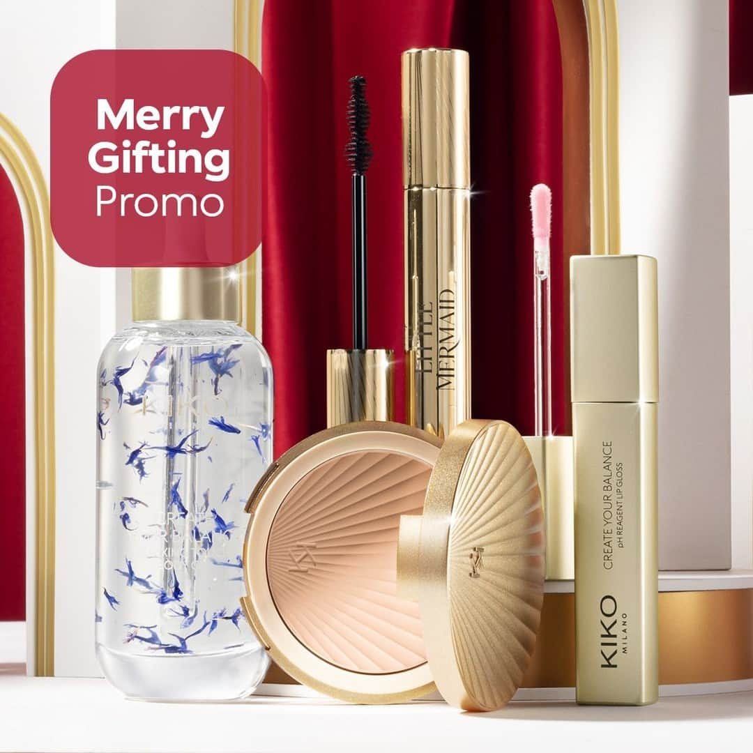 KIKO MILANOのインスタグラム：「Feeling festive shopping spree? 🎄 Enjoy 2+2 on a selection of extraordinary products online and 2+1 in-store with our Merry Gifting promo! 💖 What are you waiting for? Take advantage now, before they run out! 🛍️⁣ ⁣ #KIKOMilano #giftideas #holidayshopping #makeupinspo #holidaymakeup⁣ ⁣ *Promo details may vary by country, check your local offers on our website or contact your nearest store. ⁣ ⁣ Create Your Balance Relaxing Touch Body Oil - Create Your Balance Ph Reagent Lip Gloss - The Little Mermaid 16h Long Lasting Multi-Dimensional Mascara - The Little Mermaid Powder Foundation Spf 50」