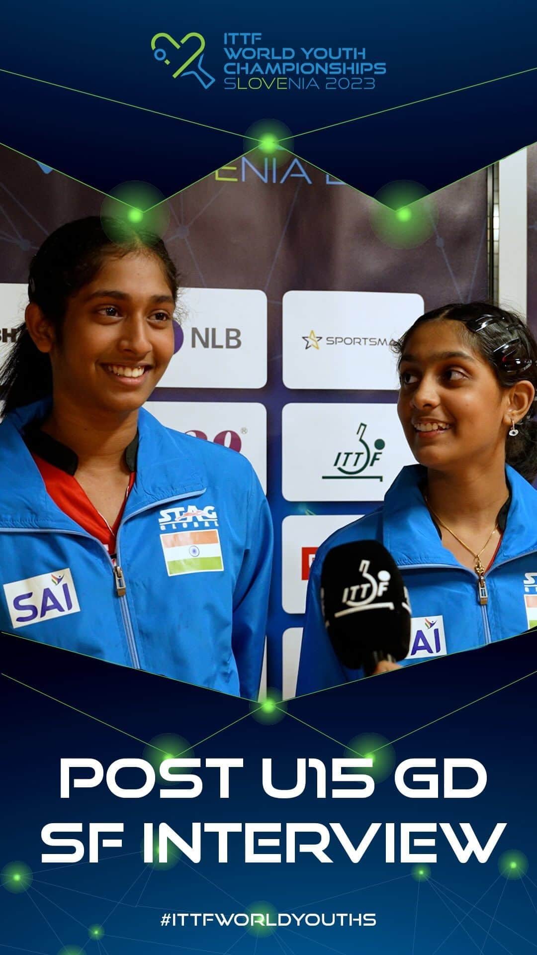 ITTF Worldのインスタグラム：「First-time #ITTFWorldYouths finalists Jennifer Varghese and Divyanshi Bhowmick were coy about their win against Hochart & Guo Zheng ☺️  Catch ‘em in the finals TOMORROW at 6pm (GMT +1) 👉 YouTube.com/WTTGlobal」