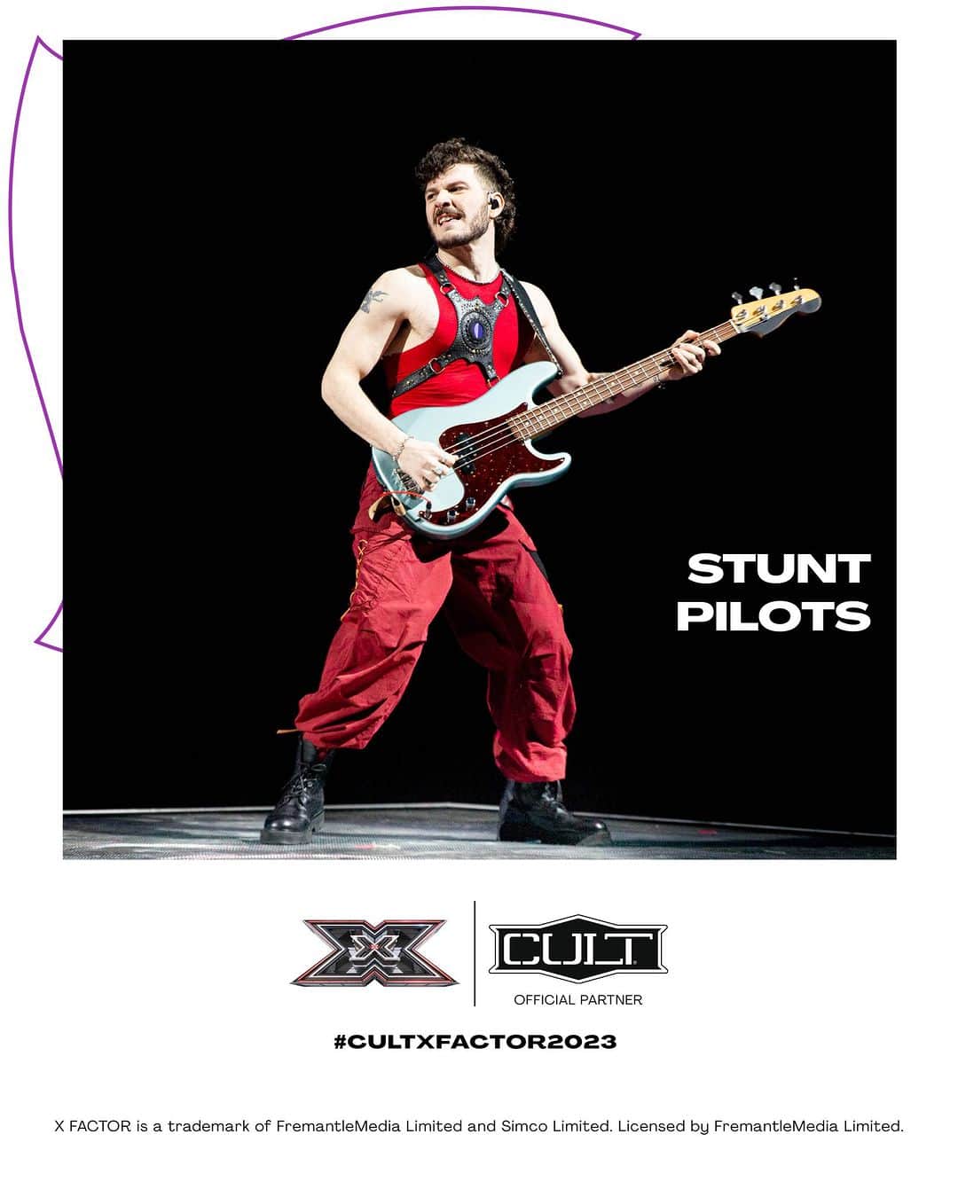 のインスタグラム：「Vibrazioni di volo e stile rock: gli @stuntpilots si sono esibiti con il loro inedito Imma Stunt! Il bassista, Moonet ha acceso scena indossando gli anfibi iconici Cult Zeppelin 1308.   @xfactoritalia #XF2023 #CULTXFACTOR2023 #cultofficial1987」
