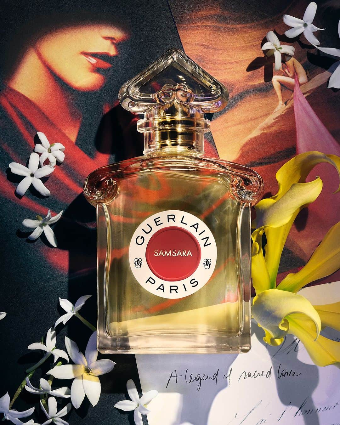 ゲランのインスタグラム：「Samsara, a legend of sacred love.  Returning from travels in the East, Jean-Paul Guerlain enveloped Precious jasmine and sandalwood with ylang-ylang and vanilla, intending to capture the trail of the sacred essences that perfumed the temples. Flickering with serene grace, his creation’s enduring legacy echoes the meaning of its Sanskrit name: ‘samsara,’ or eternal rebirth.  — #GuerlainPerfume #PerfumerSince1828 #LesLegendaires #Samsara #Jasmine #VintagePerfume #Fragrance #SavoirFaire #IconicFragrance」