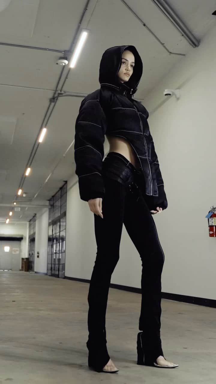 Sami Miroのインスタグラム：「Just launched! The new Liquid Black Puffer with our signature V cut front styled with our Asymmetric pants in black stretch.   Videography @paul.hattfield」