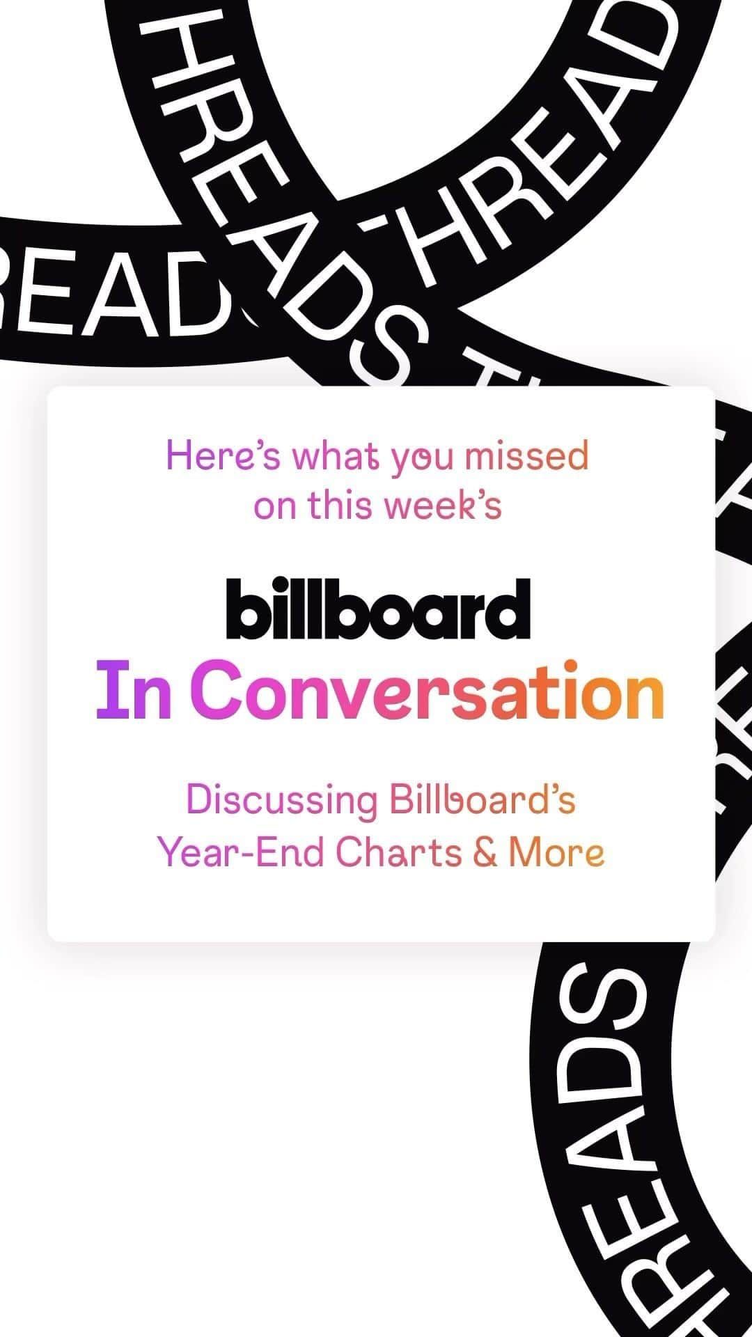 Billboardのインスタグラム：「This week, we asked YOU about your favorite music moments of 2023. 👂 See how we talked through the highlights of the year, exclusively on @threads. 🧵  Want to get in on the next conversation? Make sure you’re following us on @threads at the link in bio.」