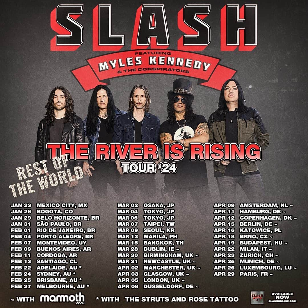 スラッシュのインスタグラム：「The River is Rising Rest of the World Tour is starting in Jan 2024! Grab your tix now. Link in bio. #slashnews #slash #myleskennedy #riverisrising #toddkerns #franksidoris #brentfitz #conspirators」