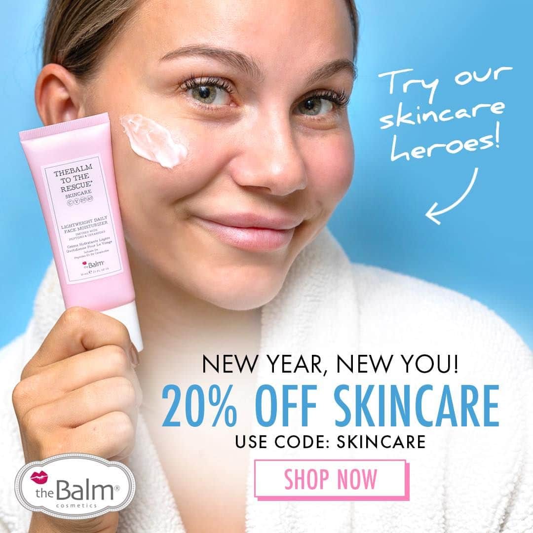 the Balmのインスタグラム：「New Year, New YOU!! ✨ Shop our clean skincare line 20% OFF! With code: SKINCARE ✨   @thebalm #thebalm #skincare #thebalmtotherescue #clean #cleanskincare #thebalmcosmetics #beautysale」