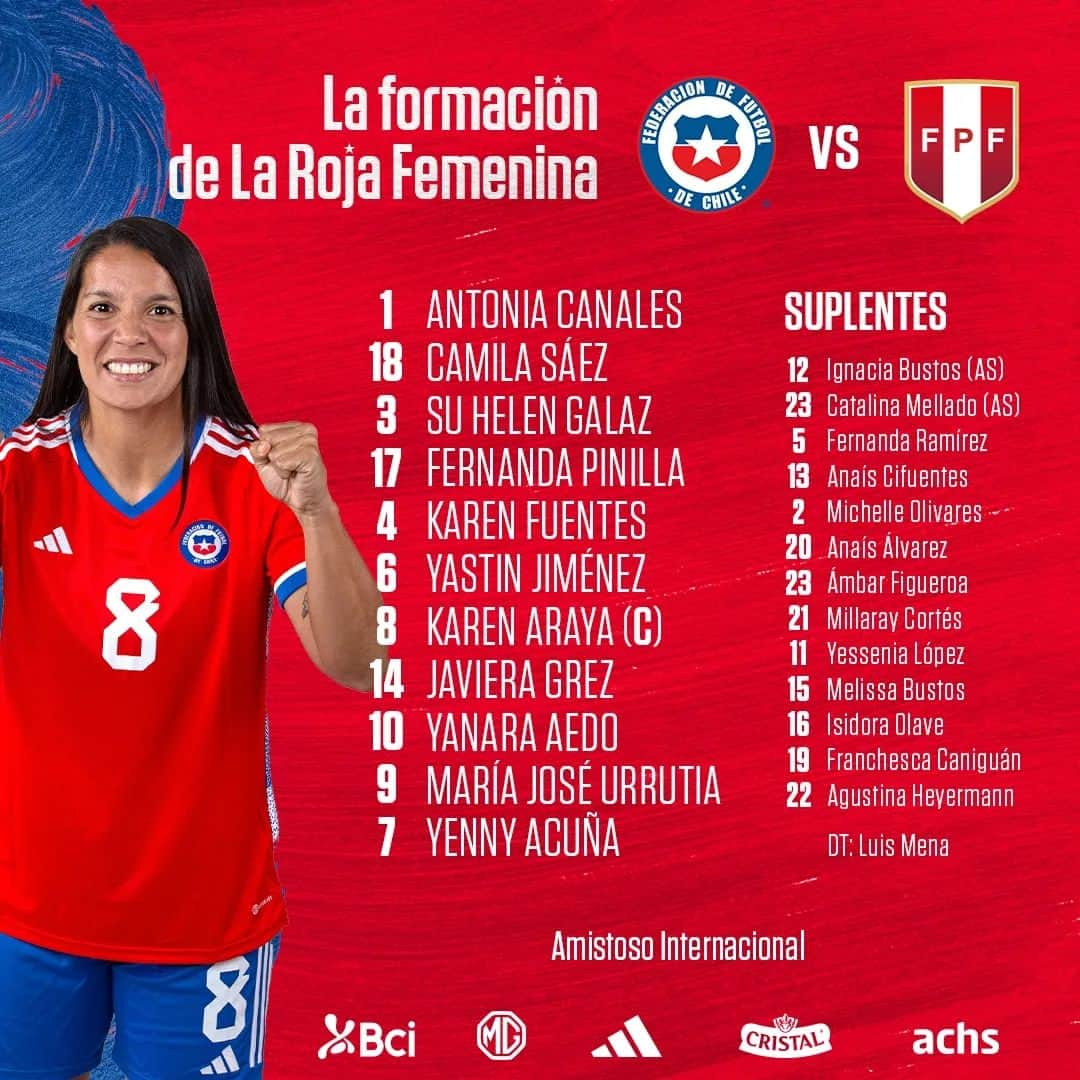 サッカーチリ代表チームのインスタグラム：「☑️ ¡Listas las 1️⃣1️⃣ titulares de #LaRojaFemenina 🇨🇱!  👉 Esta es la formación que dispuso el DT Luis Mena para el partido amistoso ante Perú 🇵🇪, a las 18:45 horas, en el 🏟️ Bicentenario de La Florida.  📺 @chilevision   #SomosLaRoja #SoyLaRoja」