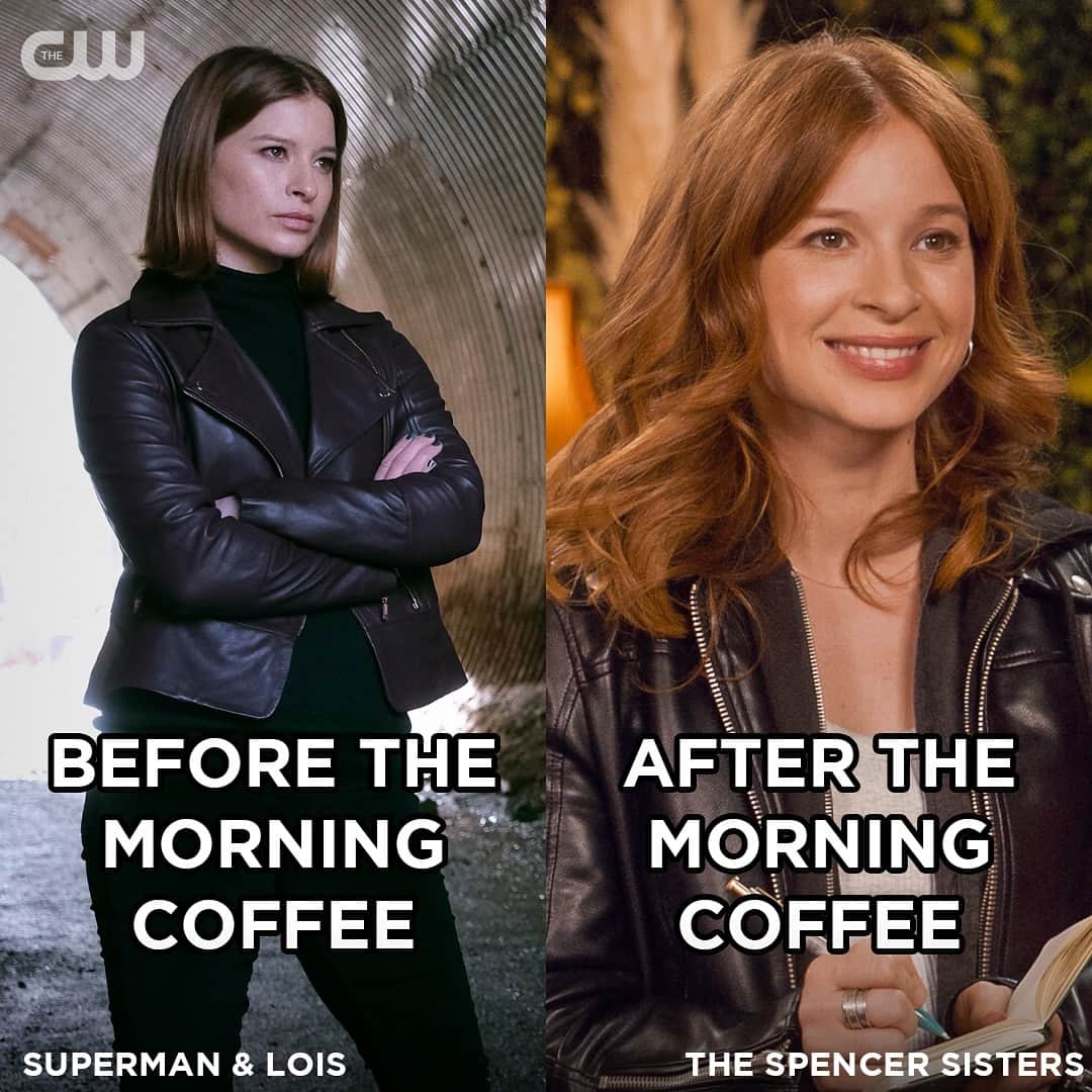 The CWのインスタグラム：「Don't talk to me before the caffeine. #TheSpencerSisters #SupermanAndLois @staceyfarber」