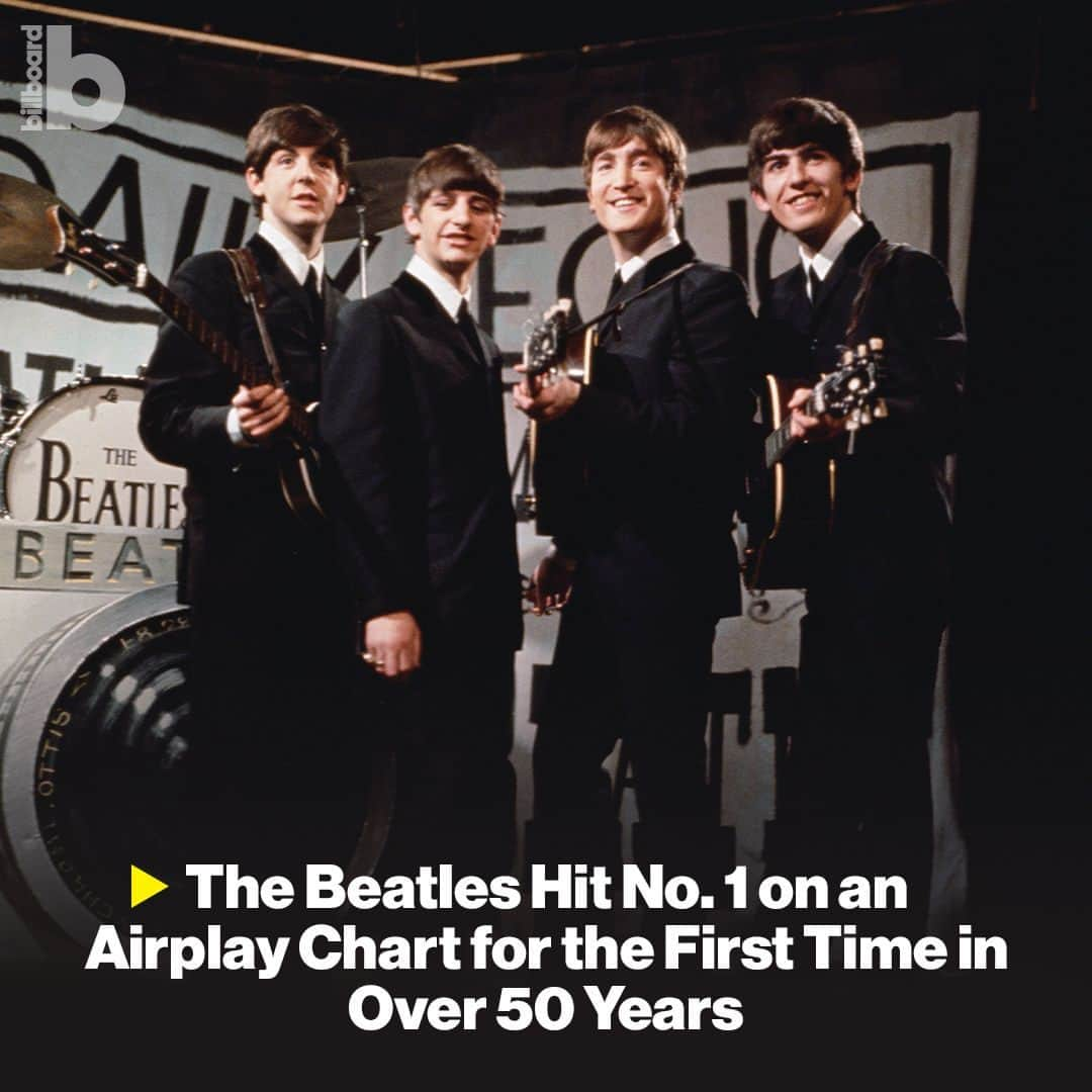 Billboardのインスタグラム：「It’s been more than half a century, but @thebeatles are back at No. 1 on a Billboard airplay chart. 📈👏⁠ ⁠ "Now & Then," billed as the band's final song, rises to No. 1 on Adult Alternative Airplay — their first airplay chart-topper since "Let It Be"  ruled Adult Contemporary for four weeks in 1970. ⁠ ⁠ Find details at the link in bio.」