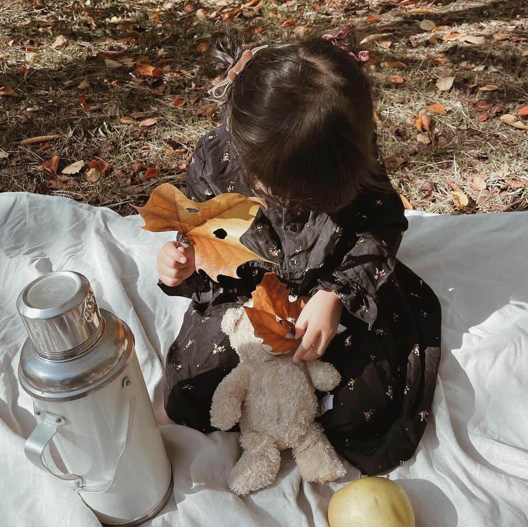 yuiさんのインスタグラム写真 - (yuiInstagram)「Autumn picnic🍂  薄手のワンピースでちょうど良かった 季節がすでに懐かしい...  ほーんとに 短かすぎた秋。  もっとたくさんピクニックや 秋ならではのアクティビティするつもりが 全然タイミングがなかったなぁ🫥  でもいつもの公園で のんびりサンドイッチ食べて 落ち葉やりんごで遊んで しあわせってこういうことだなぁと 感じられる ゆったりとしたひとときでした💭  ワンピースは @bonpoint 🍒 #pr させてもらった @carryon_official にて🛒 @bonton のビッグトートも ピクニックに大活躍でした⭐️  . . . . . #picnic#autumn#daughter#3y7m#ピクニック#秋#落ち葉遊び#落ち葉アート#公園#海外こどもふく#こどもふく#女の子#女の子ママ#こどものいる暮らし」12月2日 8時19分 - __yyvvii