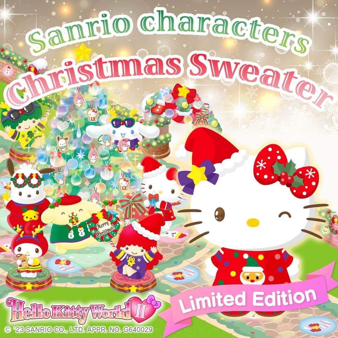 Hello Kittyのインスタグラム：「Christmas time is here! 🎄 Hello Kitty and Friends are so excited to wear cute Christmas sweater designs. Enjoy the new holiday items now available in Hello Kitty World II 🎀✨ Link in bio to download and start playing! ⁠」