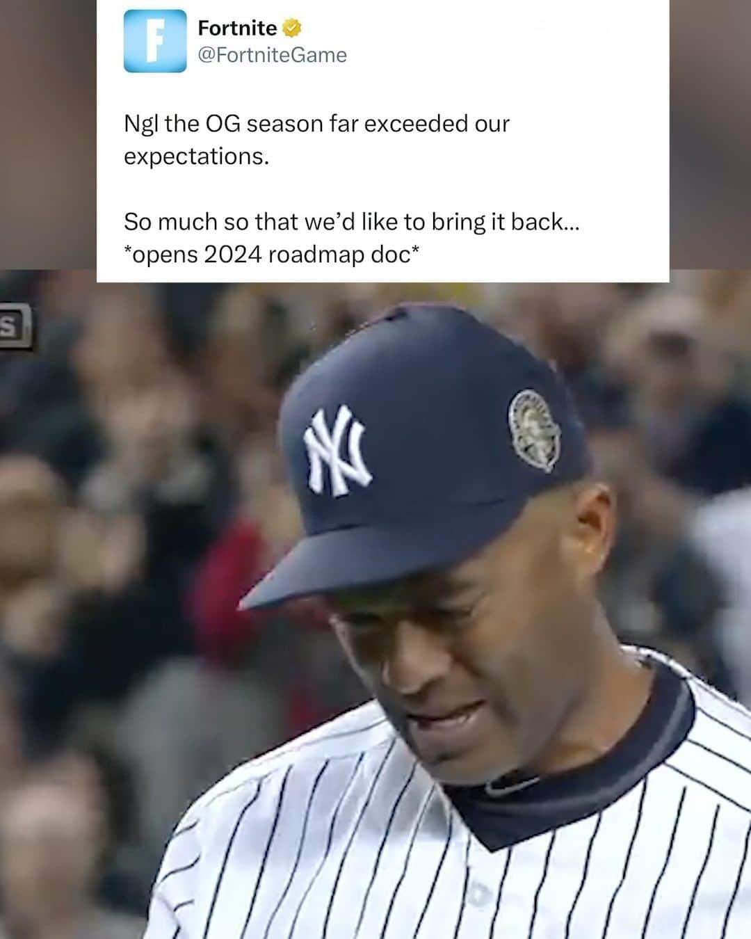 MLBのインスタグラム：「Smiling through it all! Can’t believe this is my life.  @Fortnite, we tip our cap. 🧢 OG Fortnite map, we’ll see ya soon.」