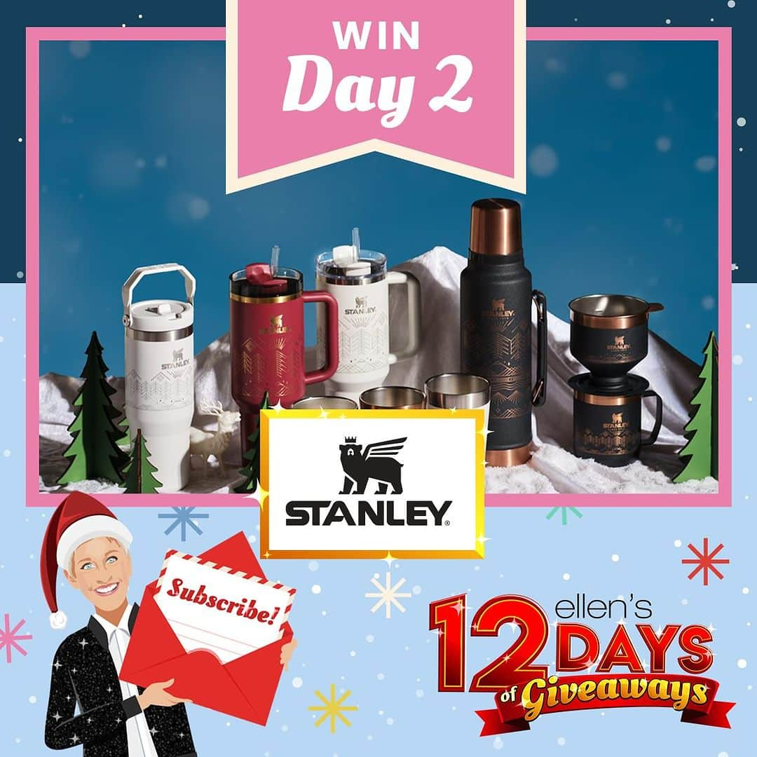 エレン・デジェネレスのインスタグラム：「It’s Day 2 of the 12 Days of Giveaways and this year, I am partnering with one of the most beloved and sought-after brands of the year. It’s @stanley_brand ! This Holiday Entertaining Prize Package from food and drinkware company, Stanley, includes so many of their amazing tumblers and barware that you can give half of them away, like me, and still have a whole lot leftover for yourself.   The only way to enter the #giveaway is through my newsletter, so make sure to check your inbox for the link to enter. Or sign up to start receiving my newsletter through the link in my bio or at ellenshop.com/12Days. Good luck! #Ellens12Days」