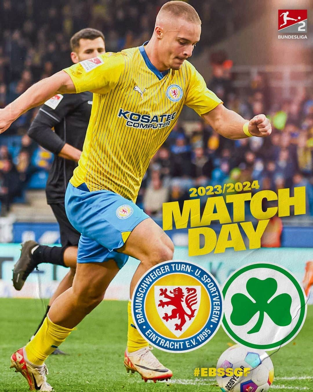 アイントラハト・ブラウンシュヴァイクのインスタグラム：「MATCHDAY!💙💛  Wir erwarten das Kleeblatt aus Fürth um 13 Uhr an der Hamburger Straße.⚔️   Karten auf den Tisch, drei Punkte sollen es sein - auf geht‘s, Jungs!💪  ______ #wirsindeintracht #ebssgf」