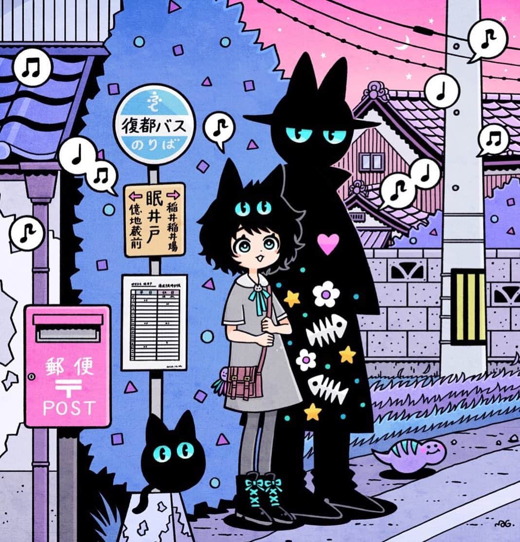 北極まぐのインスタグラム：「バス、まだかな？／Has the bus arrived yet?🚌  大阪中津カフェギャラリーきのねさん（@kinone.cg）で開催中のグループ展 『WANTED vol.3』で展示中の作品です。 このイラストのキャンバスプリントが期間限定で販売中です🖼  https://cgkinone.base.shop/items/80865513  -------  Group exhibition at Nakatsu Cafe Gallery Kinone in Osaka (@kinone.cg) This work is currently on display at "WANTED vol.3" at Nakatsu Cafe Gallery Kinone in Osaka (@kinone.cg). Canvas prints of this illustration are available for a limited time only 🖼 International shipping is also available.  https://cgkinone.base.shop/items/80865513 #illustration #artwork」