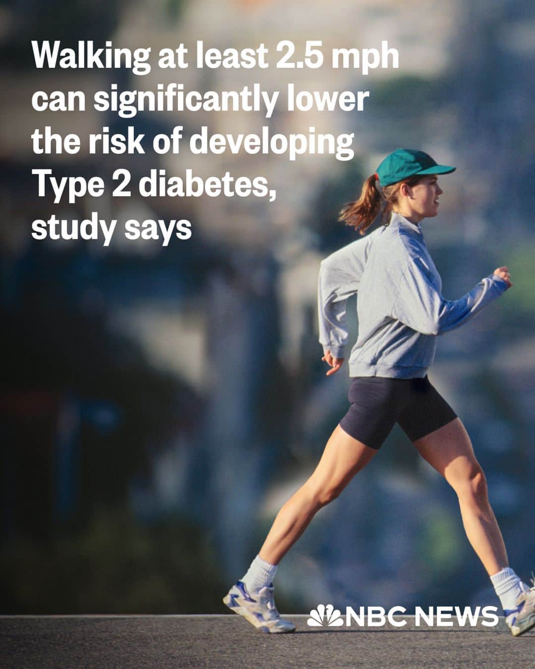 NBC Newsのインスタグラム：「The American Diabetes Association recommends taking 10,000 steps a day or walking daily for at least 30 minutes to reduce your diabetes risk.  Walking faster can improve that benefit, but researchers haven't identified an ideal speed — until now.  An analysis in the British Journal of Sports Medicine suggests that, independent of distance or step count, walking at least 2.5 mph can significantly lower the risk of developing Type 2 diabetes. That's the equivalent of a brisk walk — around 87 steps per minute for men and 100 steps per minute for women.  Every 0.6 mph increase in walking speed in the analysis was associated with a 9% lower risk of Type 2 diabetes.  Read more at the link in bio.」