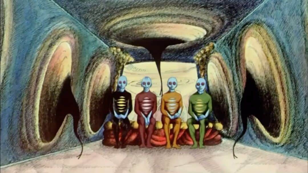 Juxtapoz Magazineのインスタグラム：「“Fantastic Planet,” 1973. Directed by René Laloux  “There’s nothing else out there quite like Fantastic Planet, that 1973 science-fiction freakout from French filmmakers René Laloux and Roland Topor and the Prague-based Jiří Trnka Studio. To see images from it are to have them forever seared on the brain. Who could forget the giant blue-skinned Draag, with their lidless red eyes and a tendency to keep humans (called Oms) as pets, sometimes indulging the much-smaller species and sometimes subjecting its members to random acts of capricious cruelty? Czech artist Trnka, who died in 1969, was best known for his reliance on puppets and paper in animation, and Laloux had a background in puppetry as well, and the result of the latter’s five-year cross-European collaboration with the studio was a film that used paper cutouts and dreamlike backdrops to unique and unsettling ends. Fantastic Planet is an all-purpose allegory about oppression that at varying times has been read as having a message about slavery, about animal rights, and about the 1968 Warsaw Pact invasion of Czechoslovakia. The truth is that it’s malleable enough to be repurposed for any conflict, as the oppressed Oms learn to use Draag knowledge and technology against their captors. The po-faced story is lightened up considerably by the heavy streak of psychedelia in the imagery, something that’s made the film a treasured party backdrop, especially in the scene in which four adult Draags are shown meditating. As their bodies shift kaleidoscopically into strange, organic shapes as they travel with their minds, it’s clear that what you’re watching is sci-fi, sure, but with an unmissable whiff of substances to it.” -From Vulture’s most influential animation in history #renélaloux  Via the research of @chicojefferson for #juxsaturdayschool」
