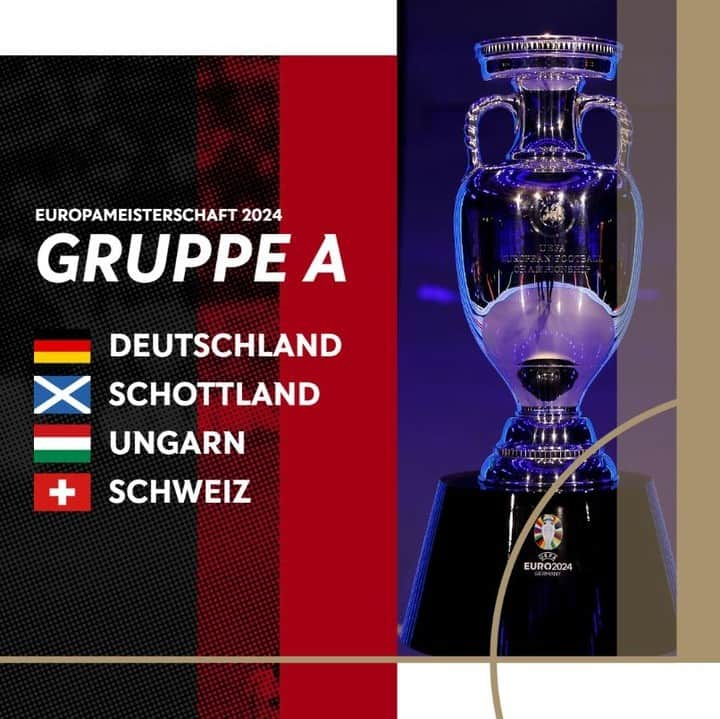 サッカー ドイツ代表チームのインスタグラム：「Endlich steht die Gruppe für unsere Heim-EM ✅  Wir spielen in der Gruppenphase der @euro2024 gegen Schottland, Ungarn und Schweiz.  Was sagt ihr zur Gruppe A? 🇩🇪  #dfbteam #EURO2024 | 📸 UEFA/Fernando Santamaria」