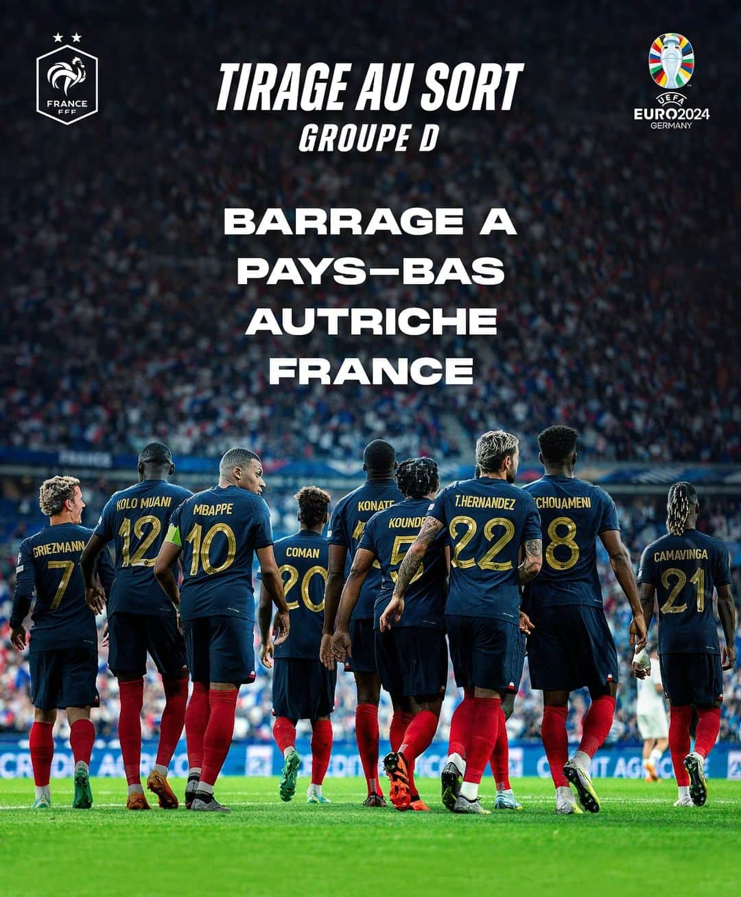 サッカー フランス代表チームのインスタグラム：「🔜 𝑻𝑶𝑼𝑹𝑵𝑬́𝑺 𝑽𝑬𝑹𝑺 𝑳'𝑬𝑼𝑹𝑶 𝟐𝟎𝟐𝟒 🏆  Les Bleus 🇫🇷 seront dans le 𝘎𝘙𝘖𝘜𝘗𝘌 𝘋 en compagnie de l'𝗔𝘂𝘁𝗿𝗶𝗰𝗵𝗲 🇦🇹, des 𝗣𝗮𝘆𝘀-𝗕𝗮𝘀 🇳🇱 et du 𝘃𝗮𝗶𝗻𝗾𝘂𝗲𝘂𝗿 𝗱𝘂 𝗯𝗮𝗿𝗿𝗮𝗴𝗲 𝗱𝗲 𝗹𝗮 𝘃𝗼𝗶𝗲 🅰️  Que pensez-vous du tirage ? 🤔  #EURO2024 | #FiersdetreBleus」