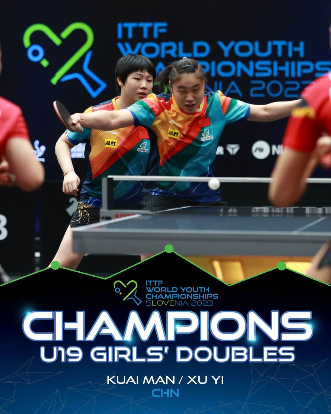 ITTF Worldのインスタグラム：「Our World Champions for U19 Girls' Doubles - Kuai Man & Xu Yi 🇨🇳🎉  Final #ITTFWorldYouths match for today is LIVE 👉 youtube.com/WTTGlobal」