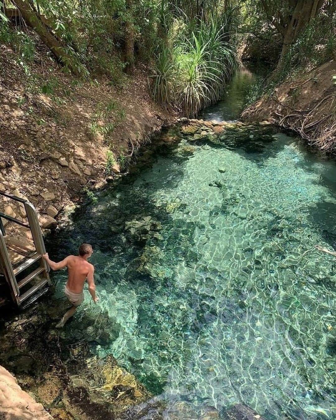 Australiaのインスタグラム：「Yes, please! 😍 The #KatherineHotSprings sure are looking ultra inviting right now. Take a dip in these invigorating natural waters in @visitkatherine, located just over three hours by car from #Darwin in @ntaustralia 🚗 After swimming to your heart's content, check into the stylish @cicadalodge before taking to the gorges of Jawoyn Country with @nitmiluktours. You'll cruise beneath towering cliff faces and hear spiritual stories as the sun sets over the rugged landscape🌅 (📸: @laplivin)   #SeeAustralia #ComeAndSayGday #TourismTopEnd #VisitKatherine  ID: A person entering a clear, turquoise hot spring surrounded by trees with the sun reflecting on the water.」