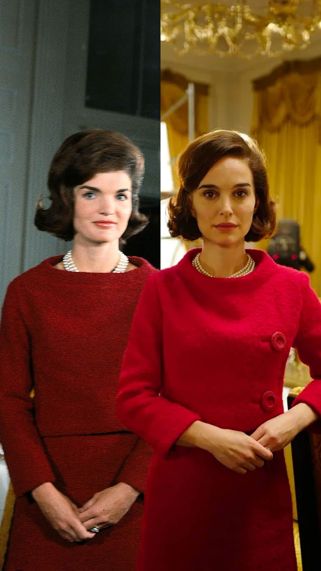 アカデミー賞のインスタグラム：「Natalie Portman in ‘Jackie’ (2016) and First Lady Jacqueline Kennedy (1962)  On Feb. 14, 1962, Jacqueline Kennedy gave the first broadcast tour of the White House, offering the public a glimpse of the historic home that had just undergone a $2 million restoration project. Jacqueline narrated a brief history of the White House, taking audiences from the home’s original construction that started in 1792 through its various iterations, rebuilds and former inhabitants. Most estimates show that the hour-long broadcast was viewed by 80 million people.  Pablo Larraín’s ‘Jackie,’ released on this day seven years ago, received Oscar nominations for Actress in a Leading Role (Natalie Portman), Costume Design (Madeline Fontaine) and Original Score (Mica Levi).」