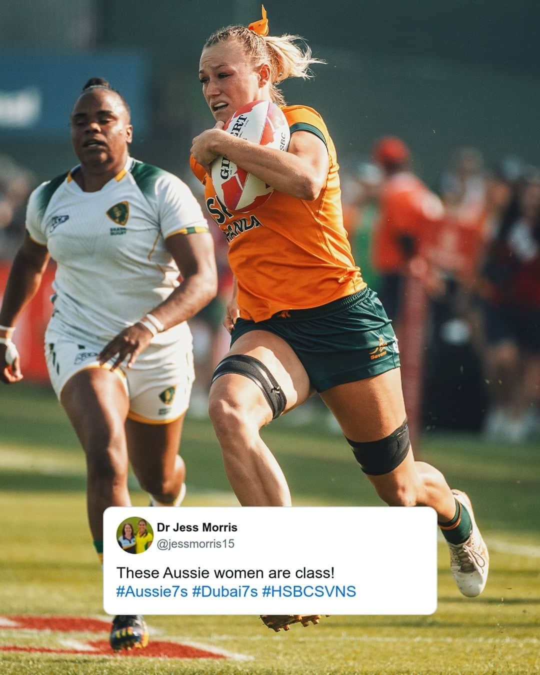 ラグビーオーストラリア代表のインスタグラム：「L-O-V-E-D what we've seen so far from the @Aussie7s women 🤌  Women’s QF 🆚 USA 5:36PM AEDT Men’s QF 🆚 South Africa 5:58PM AEDT  📺 @stansportau  #Dubai7s #HSBCSVNS」