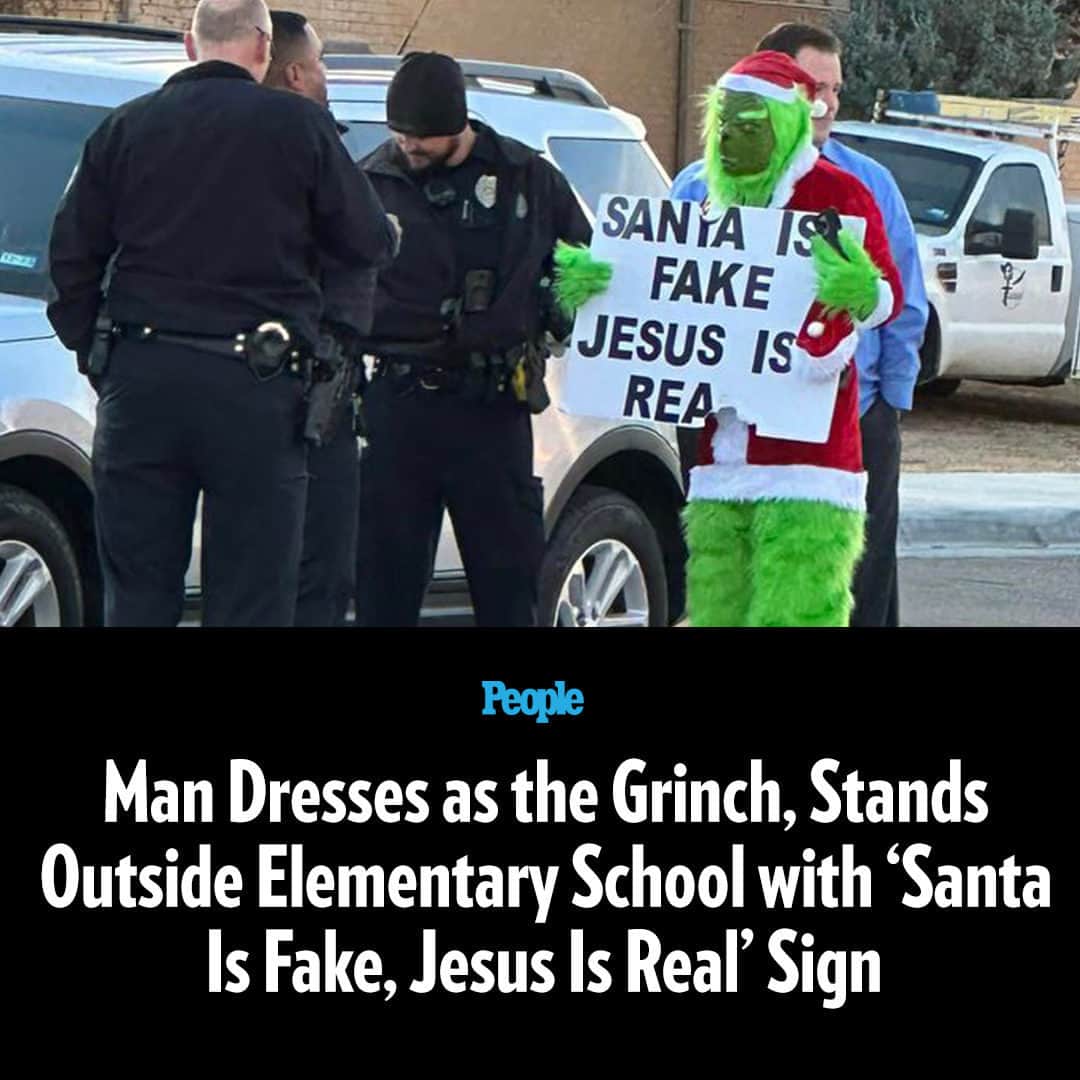 People Magazineのインスタグラム：「“You shouldn’t lie to children,” David Grisham said while dressed as Dr. Seuss' character, the Grinch.   Grisham is facing scrutiny after he dressed as the Grinch and held up a sign that read “Santa is fake, Jesus is real" outside a local elementary school.  In a statement to PEOPLE, Grisham said, "The Grinch costume was to help the preaching not frighten the children. It worked well, as several children smiled and waved, [and] one gave me a high five." Tap the link in bio for the full story. 📷: David Grisham」