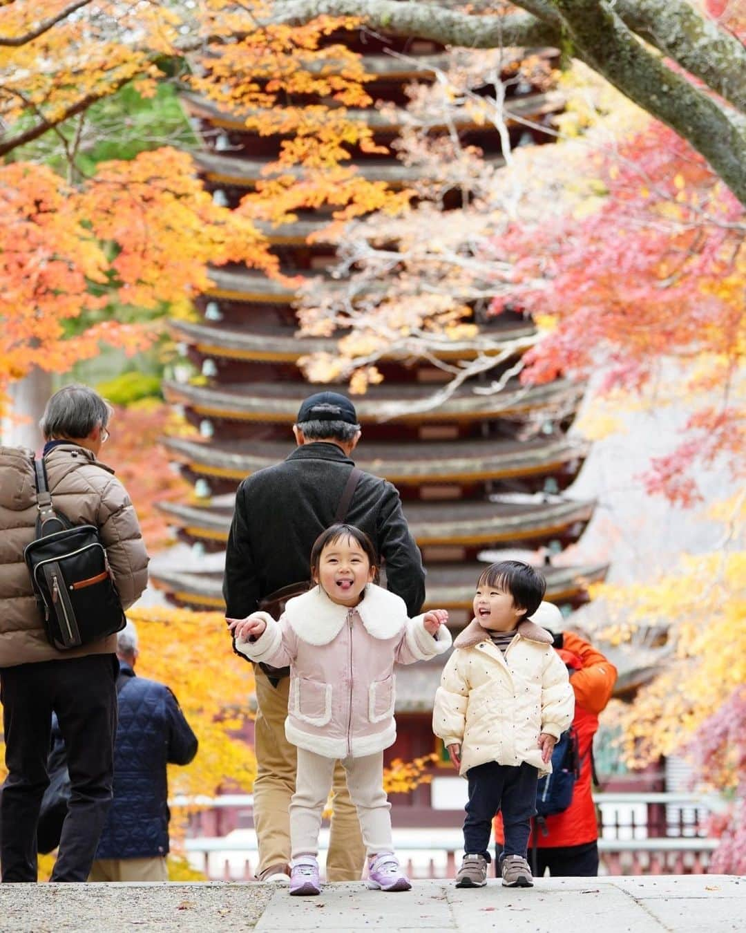 きりのさんのインスタグラム写真 - (きりのInstagram)「紅葉綺麗でした〜😁 神社って子ども達には退屈かな？って思ったりもしてましたが、落ち葉を拾ったりどんぐりを集めたりして楽しそうに過ごしてくれてよかったです🍁  #紅葉狩り」12月3日 20時55分 - kirino0808