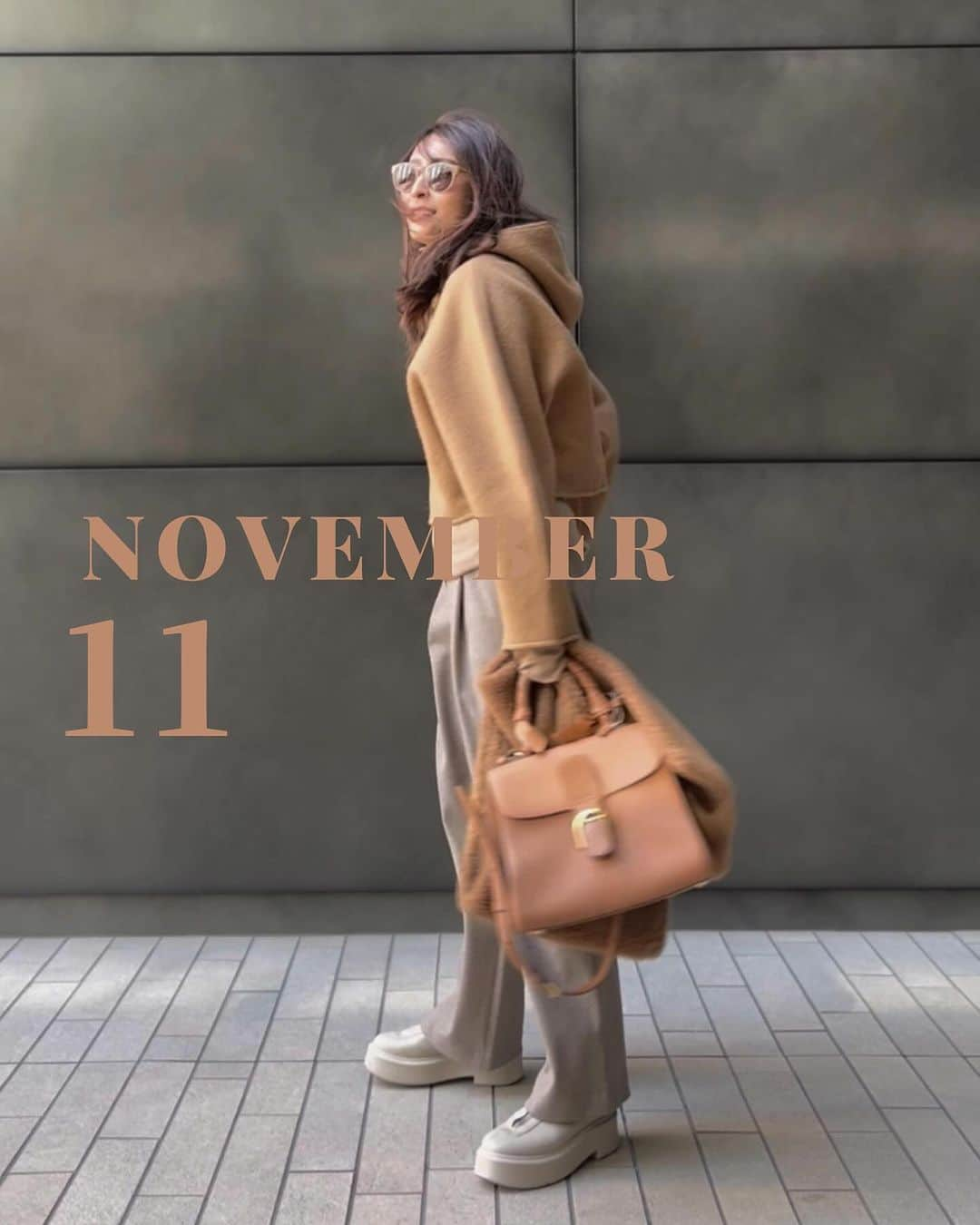 Ayaのインスタグラム：「11月コーデまとめ 見事にベージュかグレー ❶tops @etretokyo  pants @uniqlo  boots @therow bag @delvaux  ❷tops @deuxiemeclasse  shirt dress @un_number.official  pants @zara  ❸outer @spickandspan_jp  pants @zara  ❹jacket @gu_for_all_  shirt dress @un_number.official  boots @hermes bag @chanelofficial  ❺jacket @prankproject_official  skirt @slobeiena  tulle @un_number.official  ❻Knit ONE PIECE @rakuten_official  outer @un_number.official  boots @hermes bag @ludlow_official  ❼tops @deuxiemeclasse  cape @rakuten_official  pants @un_number.official  scarf　@maxmara bag @zanchetti_japan  ❽bag @zara  scarf　@uniqlo_jp  ❾Knit set up @urs_official  outer @un_number.official  boots @newbottega  ➓jacket @thefrankieshop  pants @zara scarf @maxmara  #コーデまとめ#11月コーデ#ワントーンコーデ」