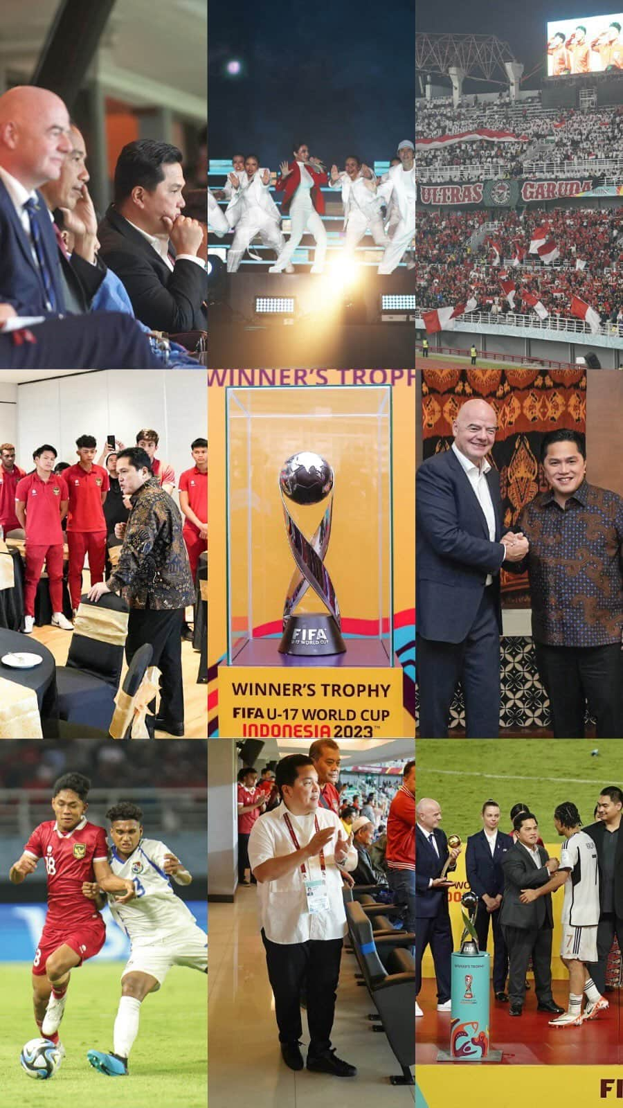 エリック・トヒルのインスタグラム：「23 hari sudah FIFA World Cup U-17 2023 di Indonesia digelar. Jerman berhasil mencetak sejarah pertama kali menjadi juara. Selain Jerman, Indonesia juga berhasil mencatat sejarah karena pertama kali menjadi tuan rumah event sepak bola level dunia.   Suatu kebanggaan Indonesia bisa menjadi panggung dunia. Menyaksikan bakat-bakat terbaik dari berbagai negara, dan Timnas Indonesia bisa merasakan pengalaman berkompetisi di level dunia.  Ini awal dan momen bagi sepak bola Indonesia untuk bangkit. Ini bukan akhir. Kami ingin kembali menjadi tuan rumah event dunia lainnya. Terima kasih untuk semua pihak yang sudah mengharumkan nama Indonesia.   Sejarah penting sepak bola Indonesia, sejarah untuk bangsa kita 🇮🇩」