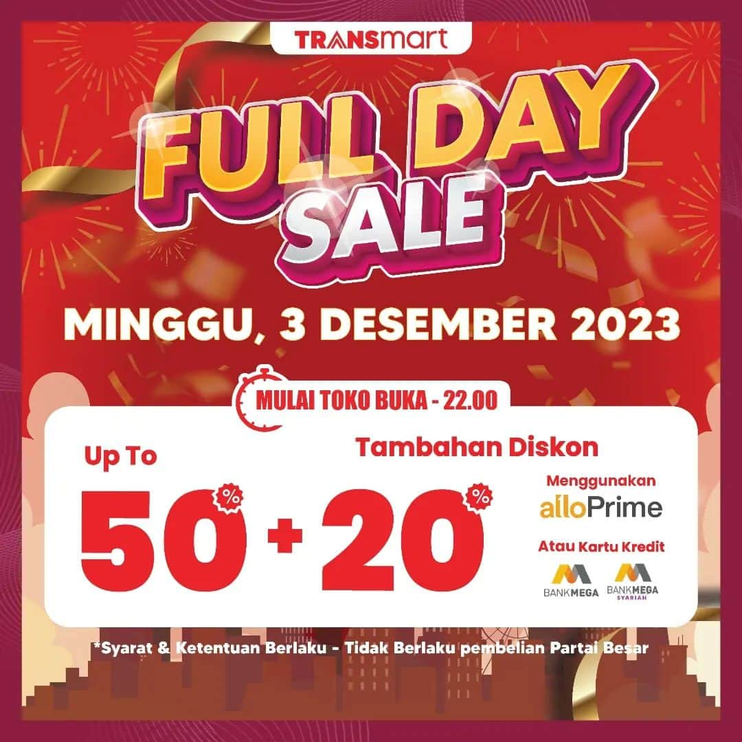 Beauty | Health | Fashionのインスタグラム：「🛍️✨ Hello Beauties! 🌸✨ Transmart Full Day Sale sedang berlangsung hari ini, 3 Desember, dari jam buka hingga pukul 22.00 WIB! Temukan semua kebutuhan harianmu, mulai dari makanan, pakaian, hingga barang elektronik dengan potongan harga spesial. Diskonnya wow, up to 50% +20%! Jangan lupa, manfaatkan diskon eksklusif dengan Allo Prime Allobank dan kartu kredit Bank Mega atau Bank Mega Syariah (syarat & ketentuan berlaku). Yuk, segera serbu Transmart seluruh Indonesia! 💃👜」